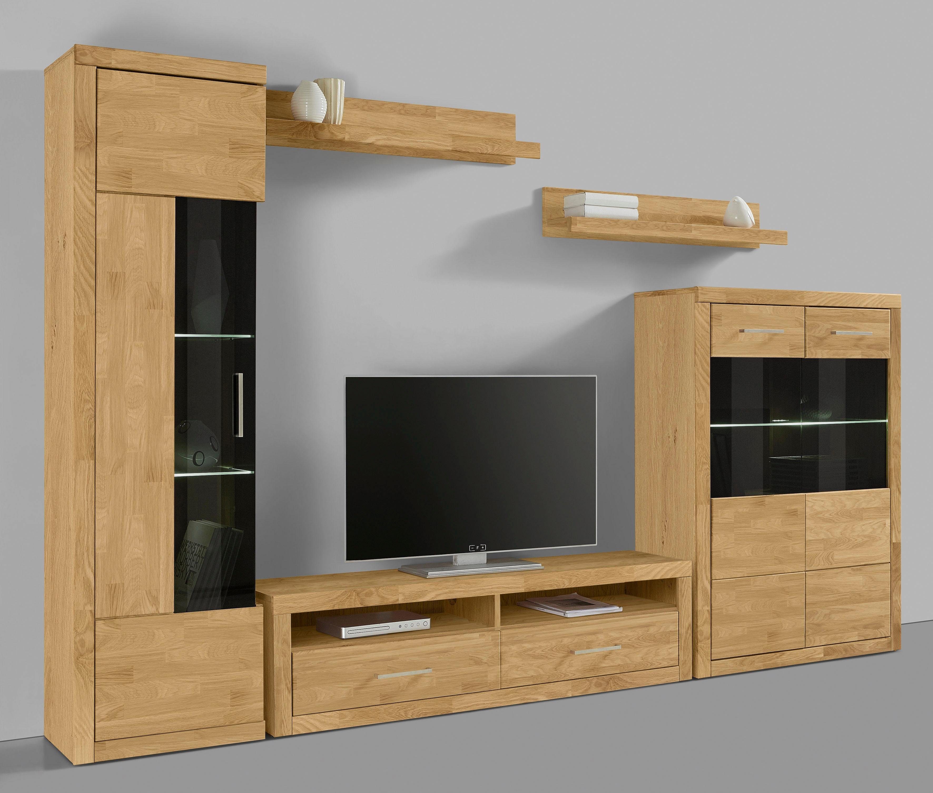 Home affaire Wandmeubel Ribe,Set-5 st.,Massieve bovenplaten,veel opbergruimte Glazen inzet van gehard glas, planken gedeeltelijk verstelbaar (set, 5-delig)