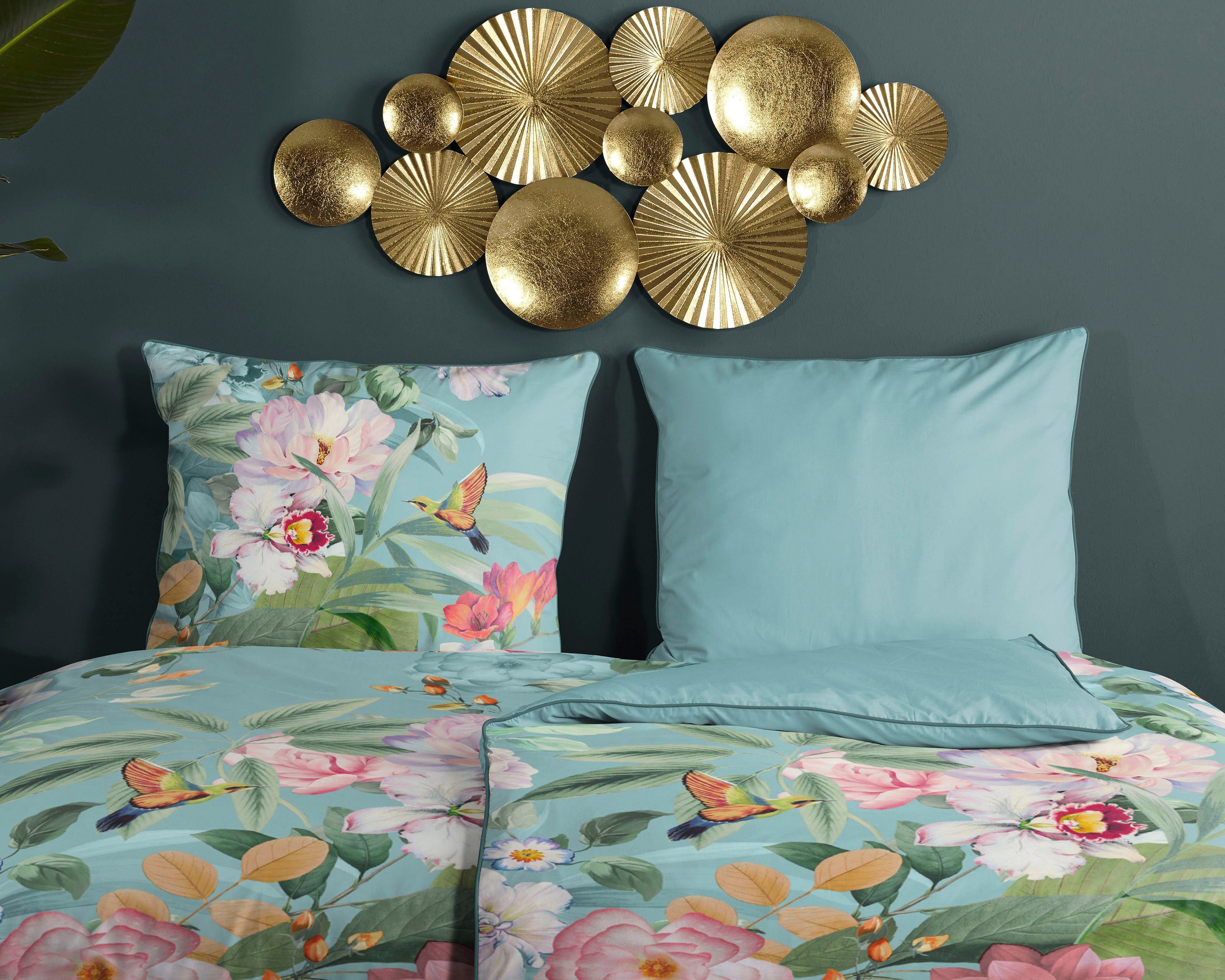 Descanso Tweezijdig te gebruiken overtrekset Fungi Katoen, Satijn, 135x200, Bies, Rits, Omkeerbaar, Bloemen Turquoise