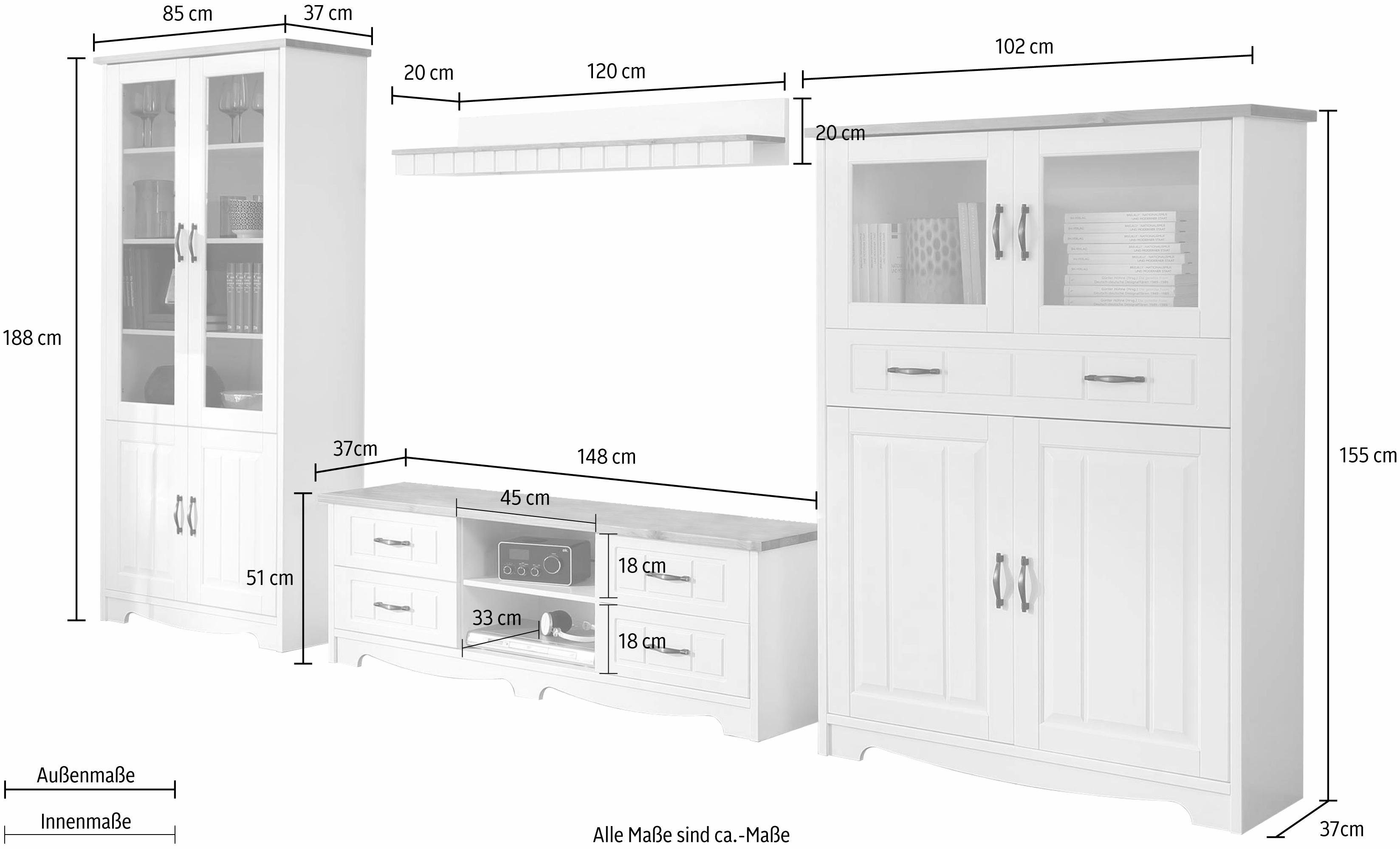 Home affaire Wandmeubel Trinidad Set van 1 vitrinekast, 1 tv-meubel, 1 highboard, 1 wandboard (set, 4-delig)