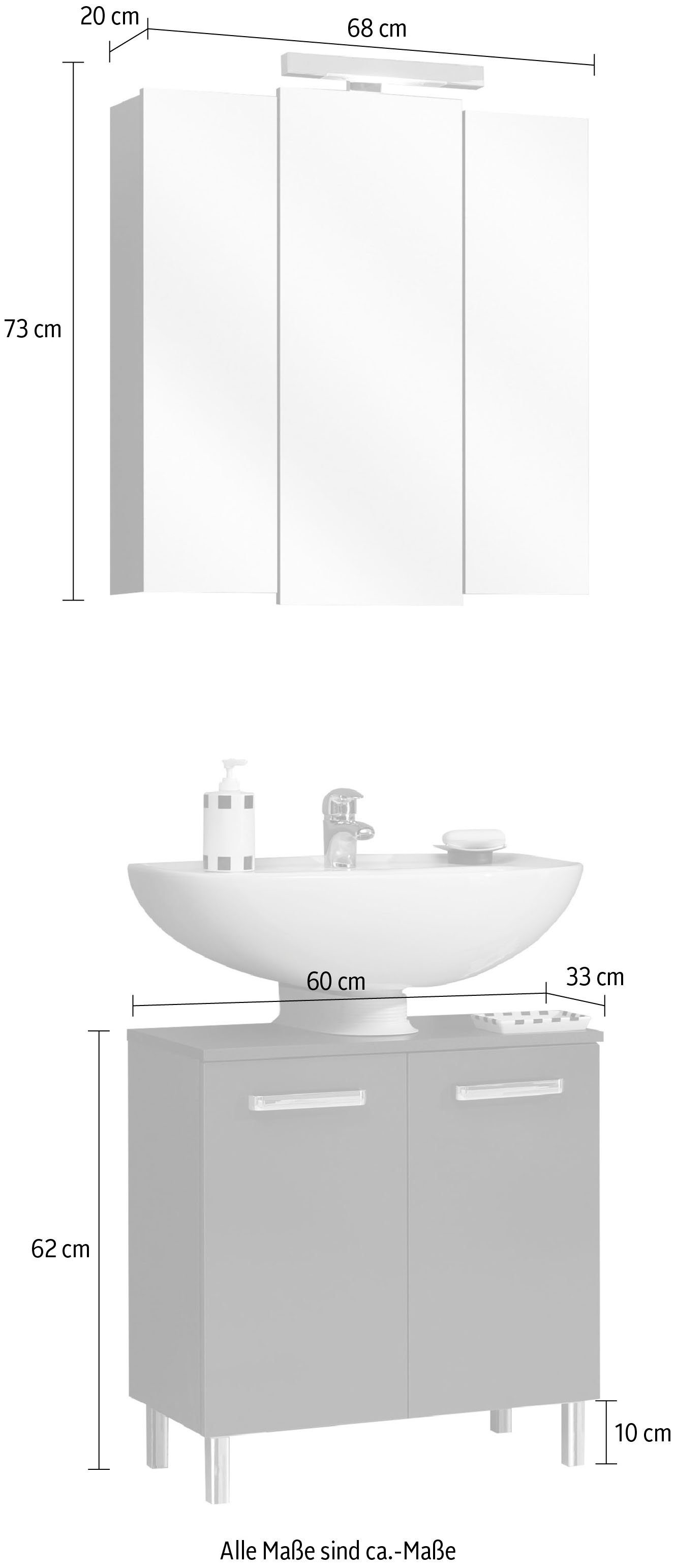 Saphir Badkamerserie Quickset 2-delig, wastafelonderkast met led-spiegelkast Wastafel 68 cm breed, 5 deuren, incl. deurdemper, grepen chroom glans (2-delig)