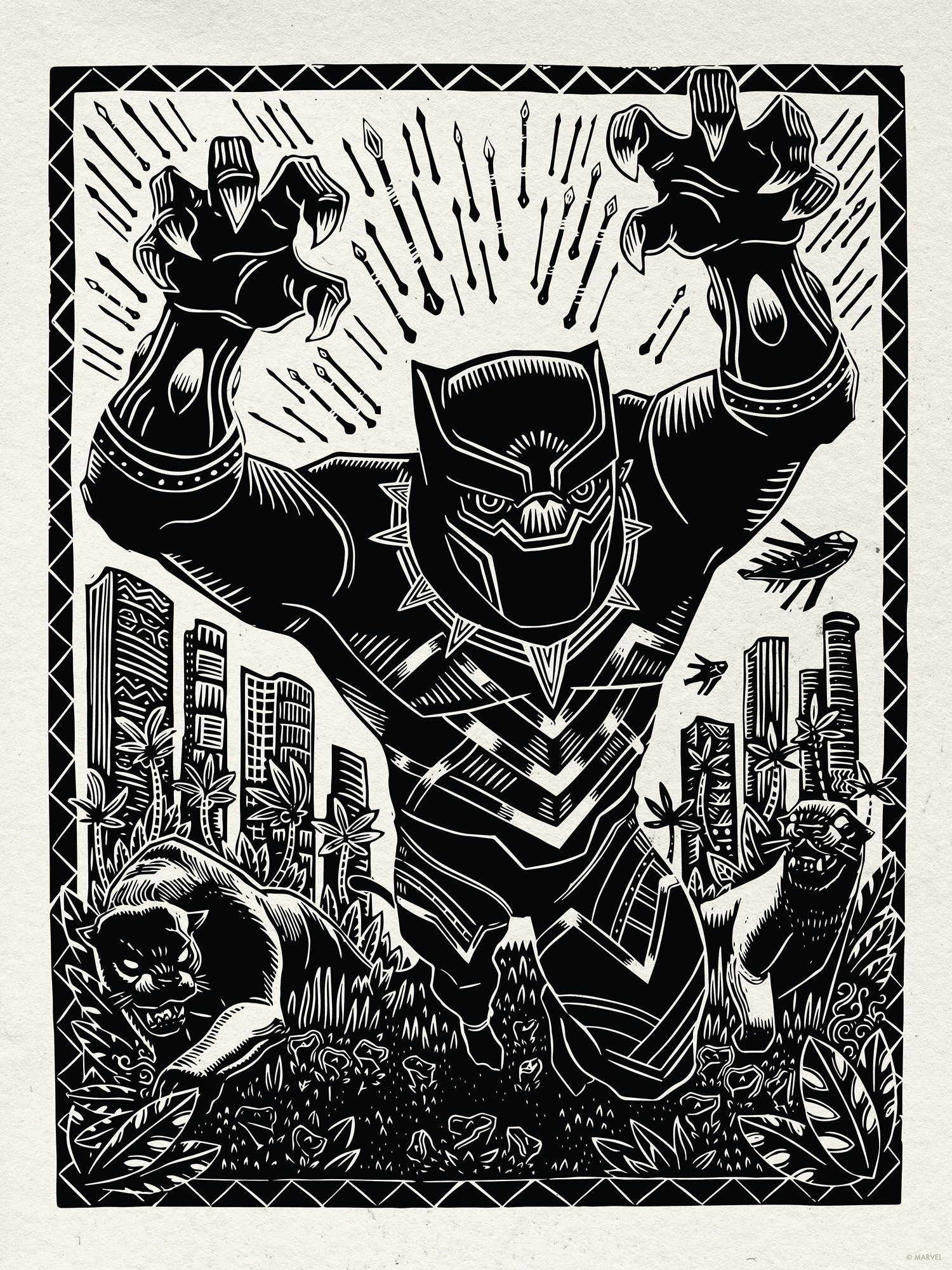 Komar Artprint Marvel Black Panther Lino-Cut Charge 300 x 280 cm (breedte x hoogte) - behang, vlies, woonkamer, slaapkamer (1 stuk)