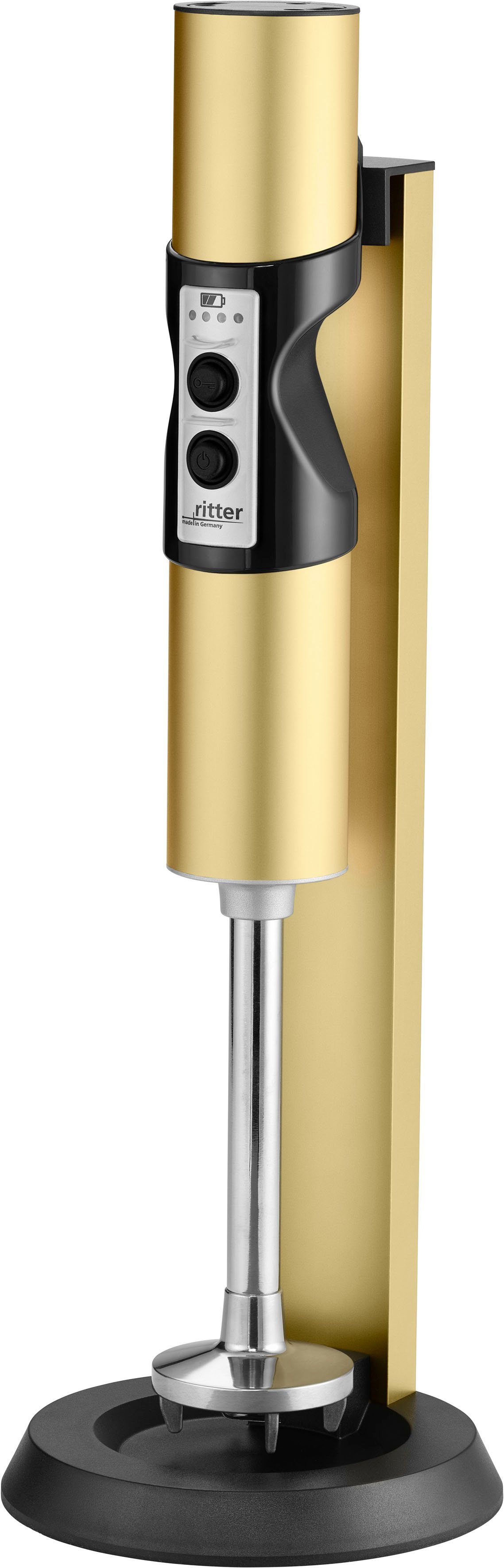 Ritter Accu-staafmixer Stilo 7 plus trendkleur goud met 4 opzetstukken van edelstaal en 2 mengbekers