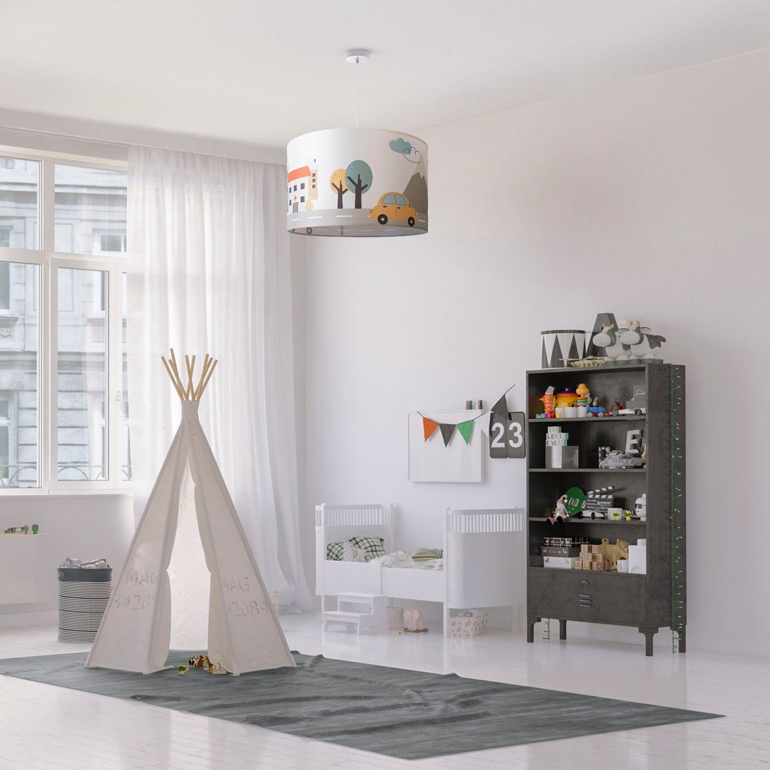 Paco Home Hanglamp Hugo Cabri Pendellamp kinderkamer aan plafond stof lampenkap brandweer politie