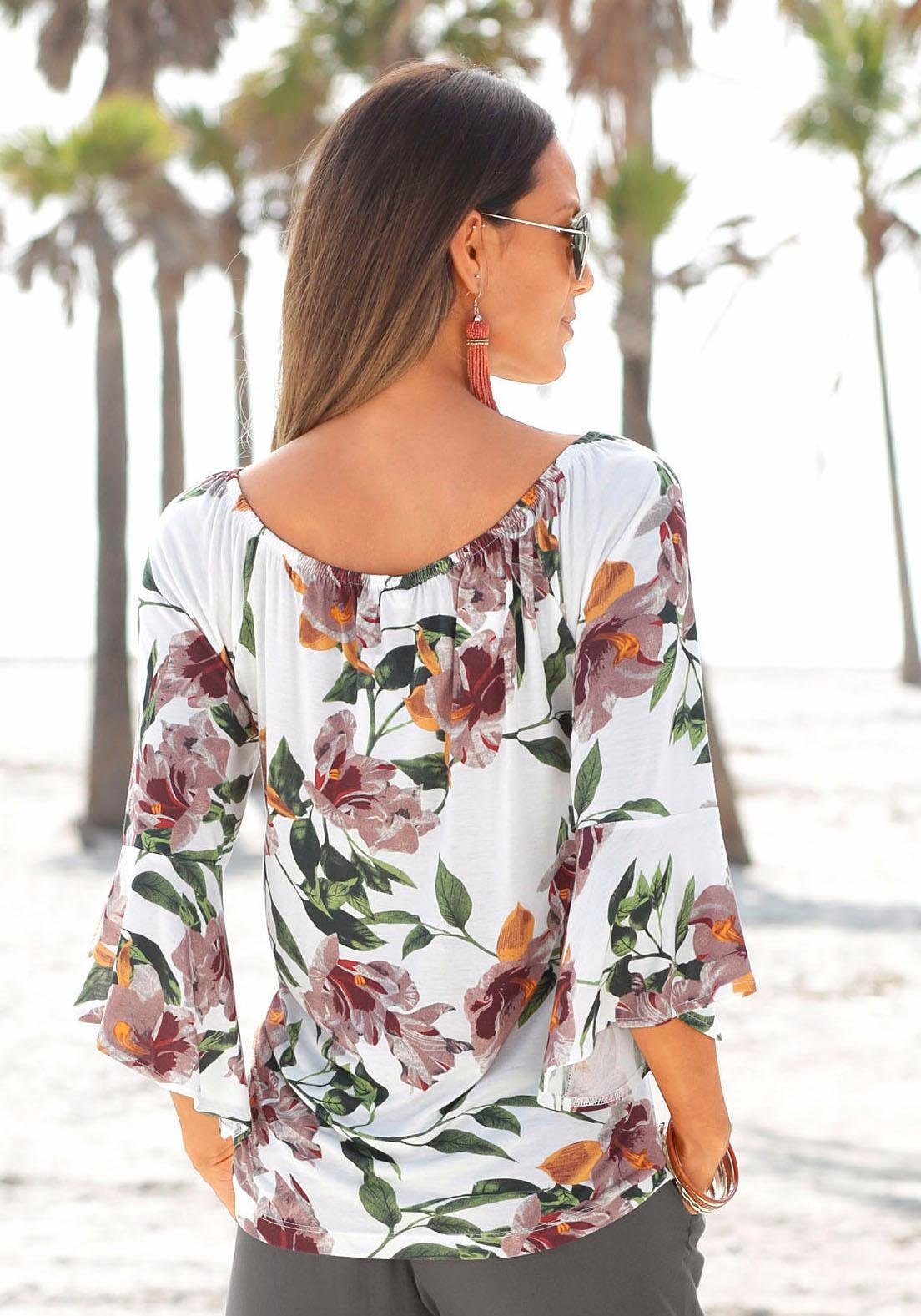 Lascana Strandshirt met bloemenprint en carmen halslijn, blouseshirt, trompetmouwen