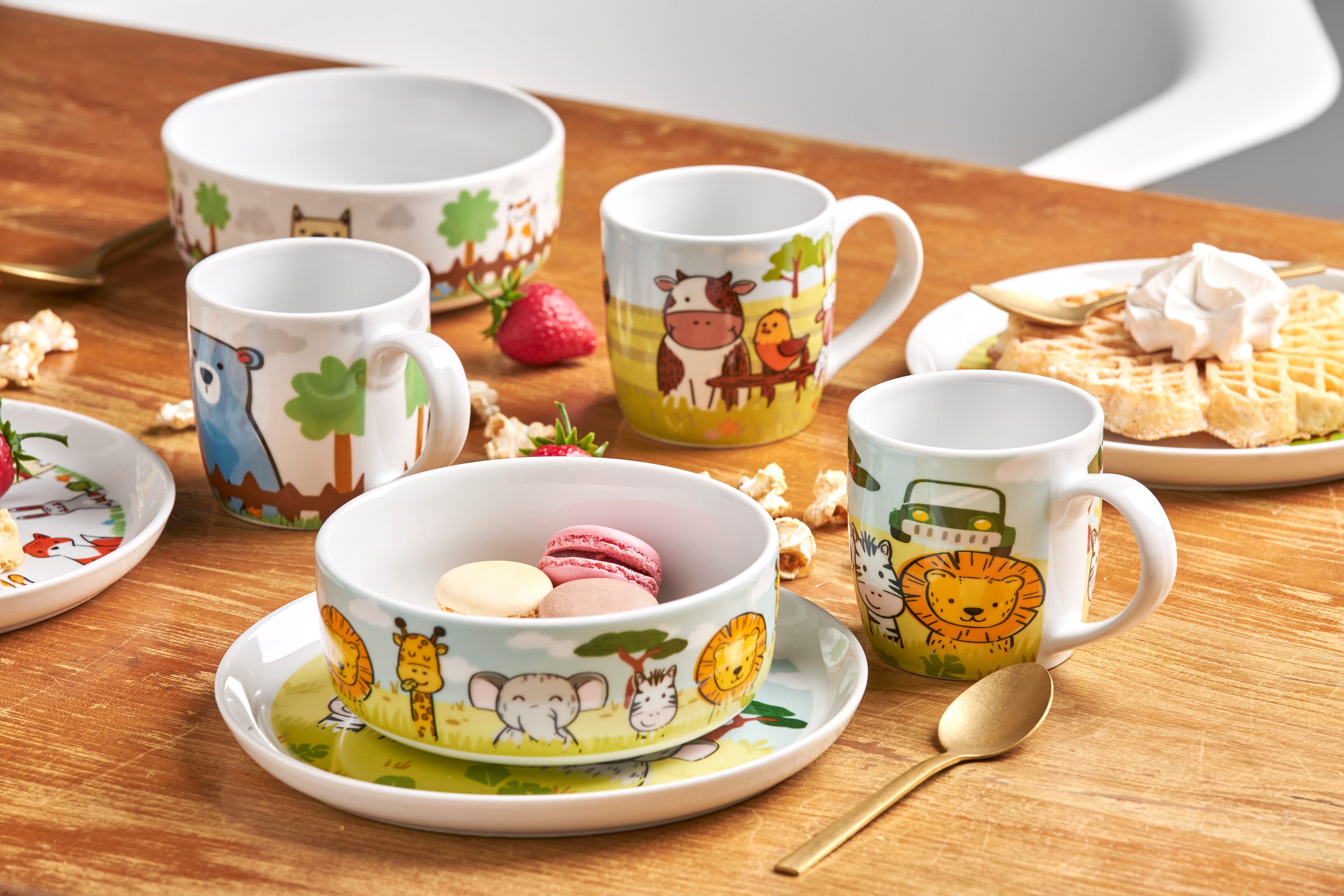 van Well Kinderservies-set Kinderset safari, 3-delig, servies-set, service met kleurrijke decor, vaatwasmachine- en magnetronbestendig (set, 3-delig)