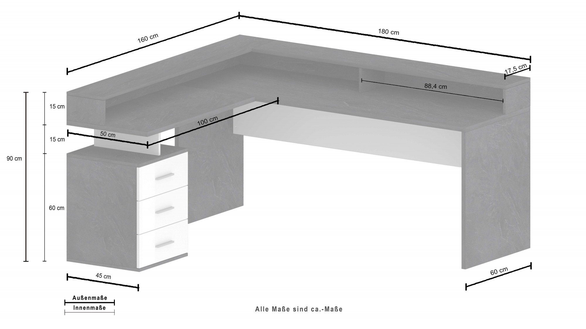 INOSIGN Hoekbureau New Selina Bureau, lades, met of zonder monitorsteun, B 180/160 cm