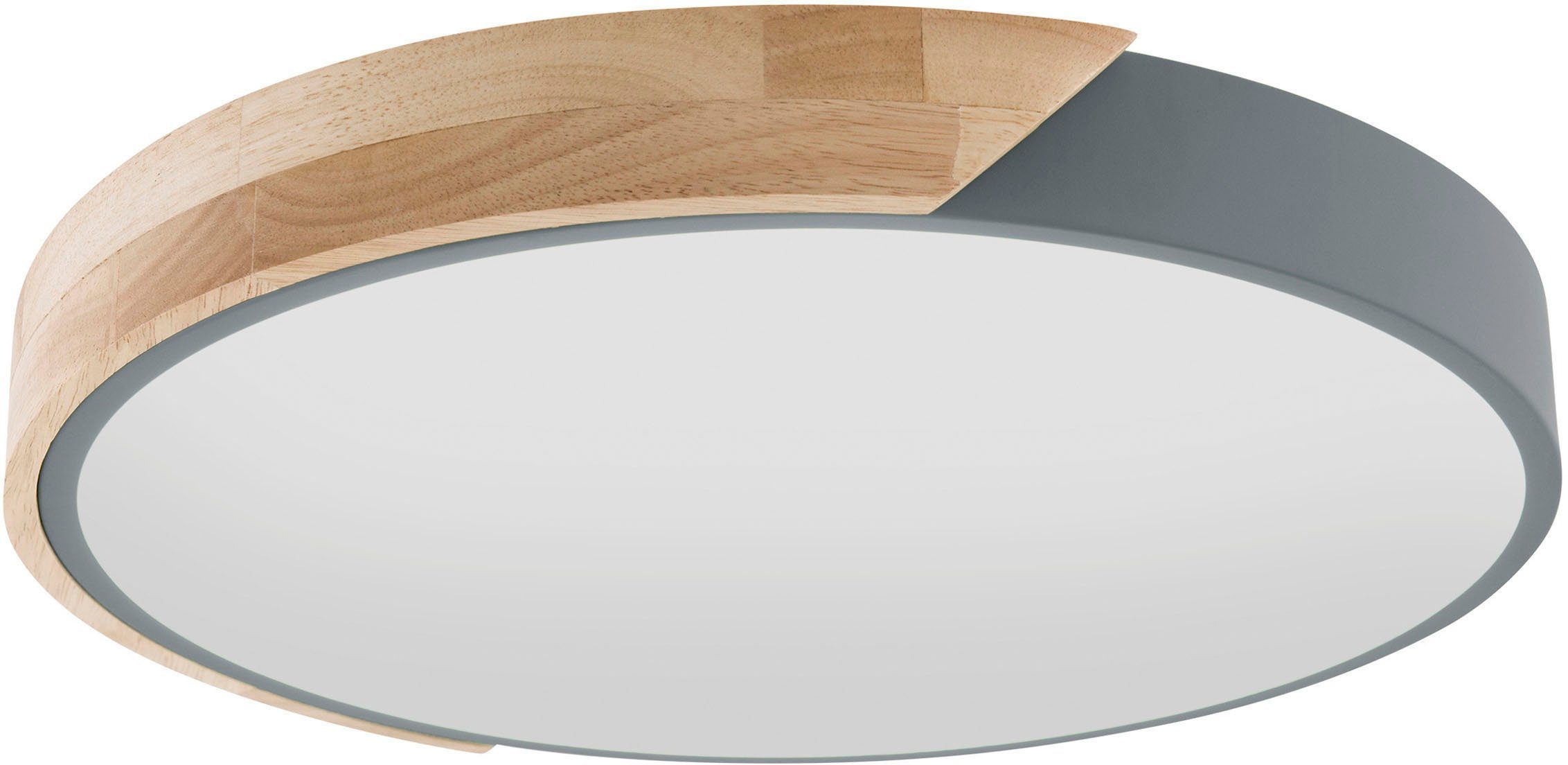 näve Led-plafondlamp Borneo rond, led, rand deels grijs/deels eikenhout, lichtkleur warmwit (1 stuk)