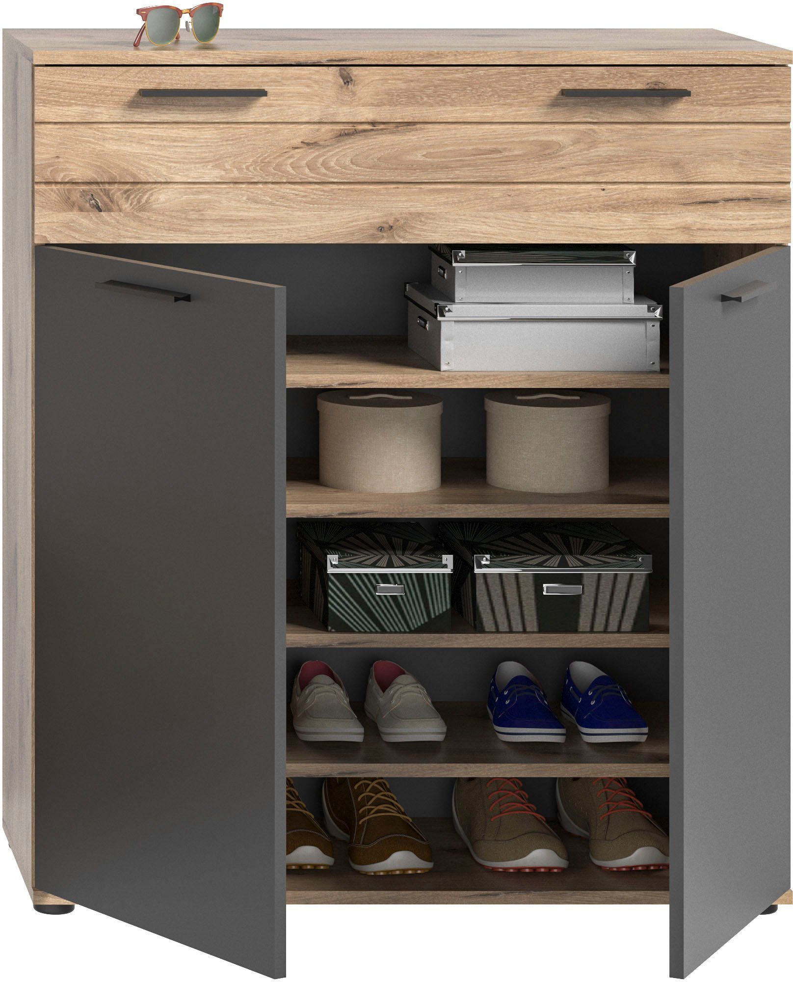 INOSIGN Schoenenkast Riga, Breedte 90 cm, 2 Deuren, 1 Lade, 4 Planken, 5 Vakken hoogwaardige groeffrezen, met softclose, commode, dressoir, kast