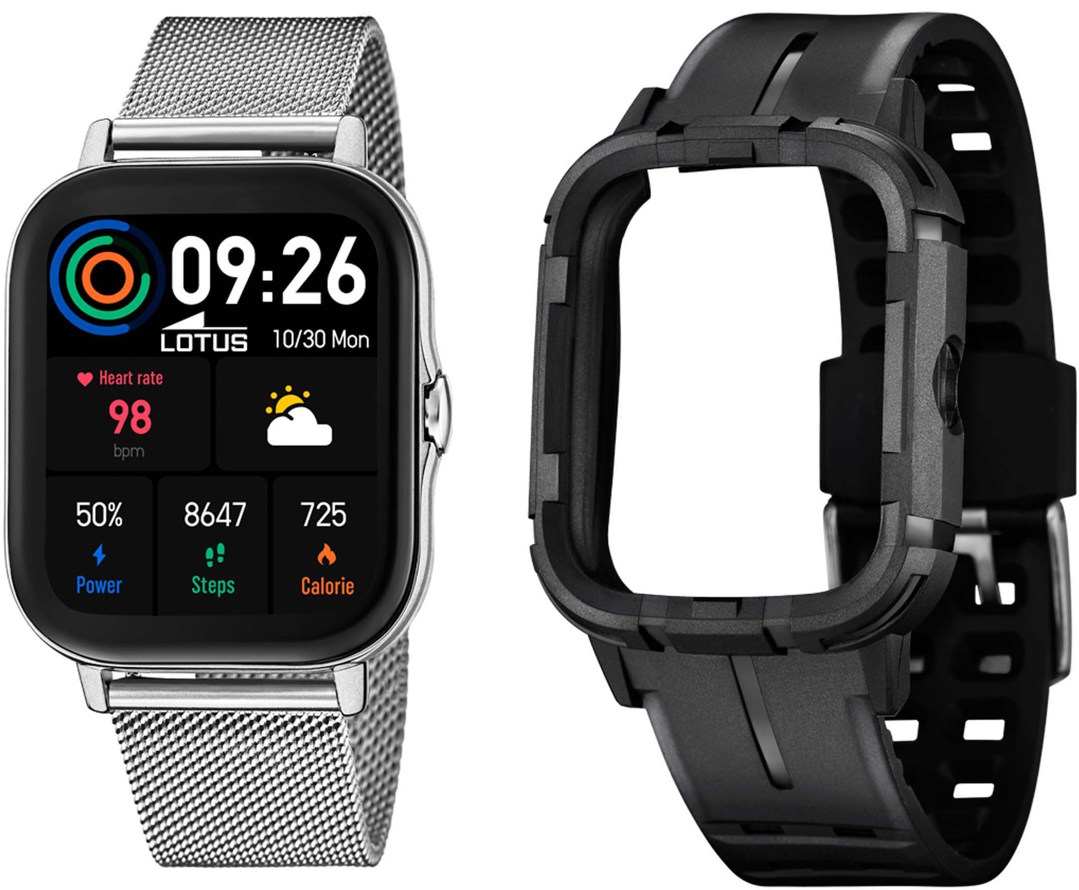 Lotus Smartwatch 50044/1 Horloge, herenhorloge, roestvrijstalen band, stappenteller, cadeau-idee (set, 2-delig, Met verwisselbare armband van zwarte kunststof)