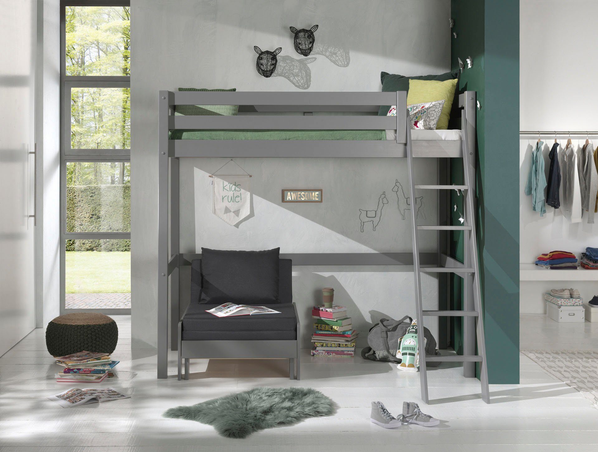 Vipack Hoogslaper met 90x 200 cm ligoppervlak, grijs of wit gelakt