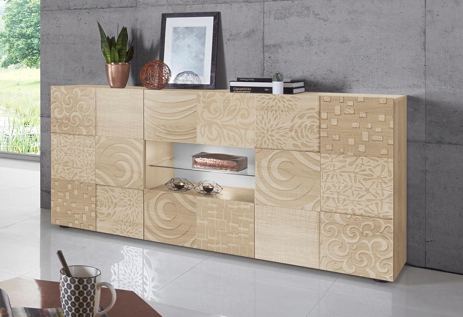 INOSIGN Dressoir Miro Breedte 181 cm met decoratieve zeefdruk dressoirs beige