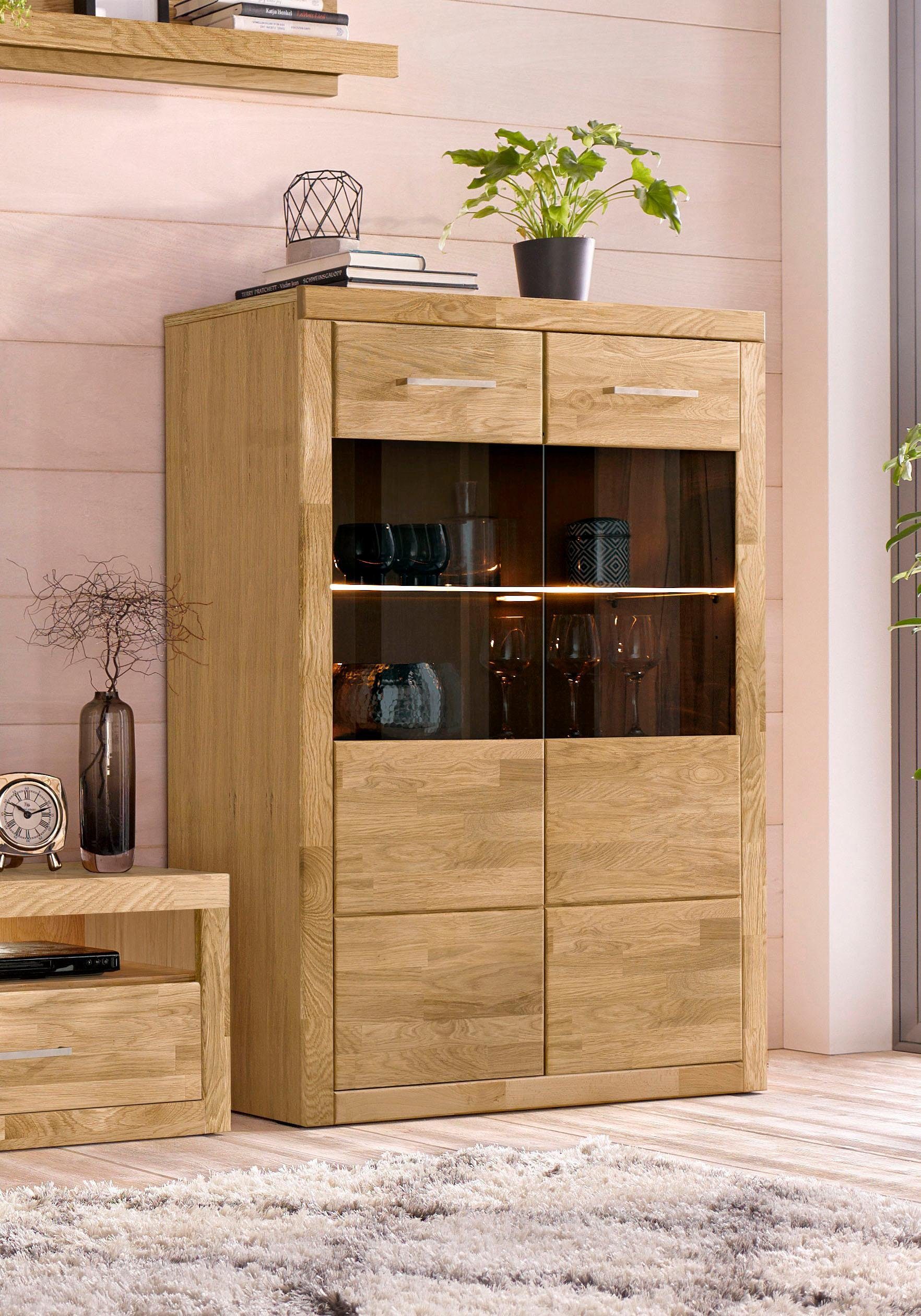 Home affaire Vitrinekast Ribe, 125cm hoog, 87cm breed, 4 brede vakken Corpus houtmateriaal, 2 deuren met glazen inzet, planken verstelbaar