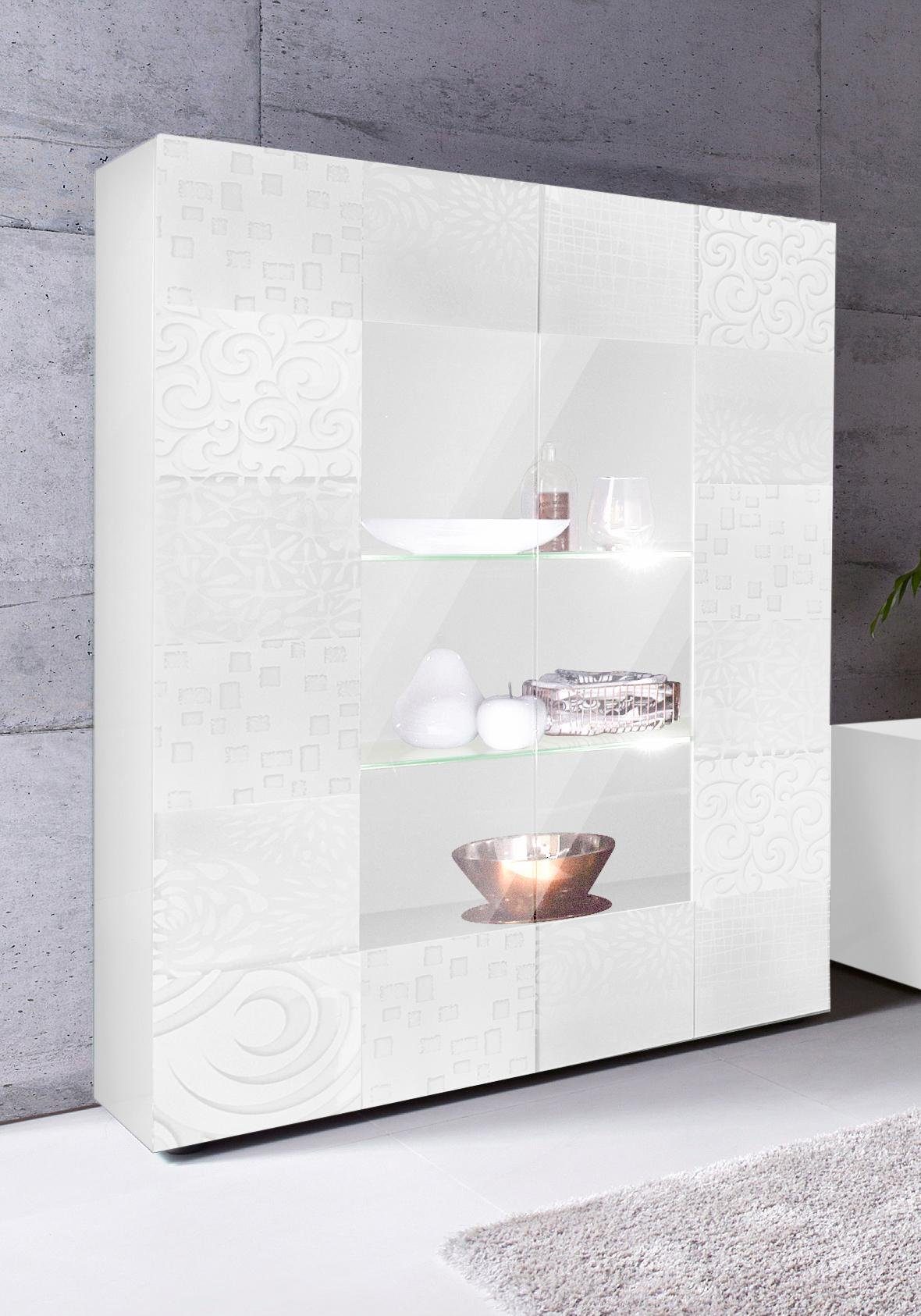 INOSIGN Vitrinekast Miro Vitrinekast, hoogte 166 cm met decoratieve zeefdruk vitrinekasten wit