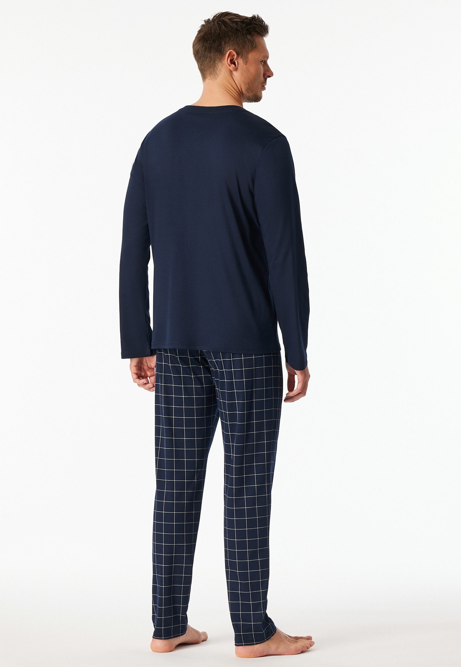 Schiesser Pyjama Fine Interlock Bovenstuk effen, geruite broek, V-hals, lange mouw, katoen (2-delig)