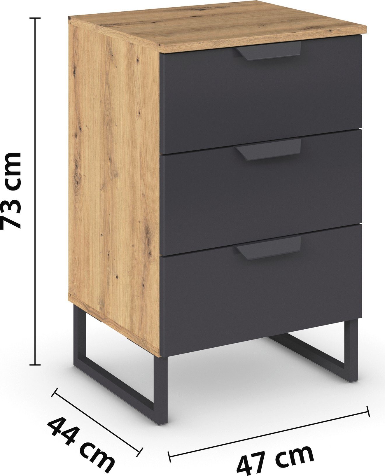 rauch Nachtkastje Dark&Wood by Aditio in industriële stijl met sledevoet, 3 lades met softclose-functie