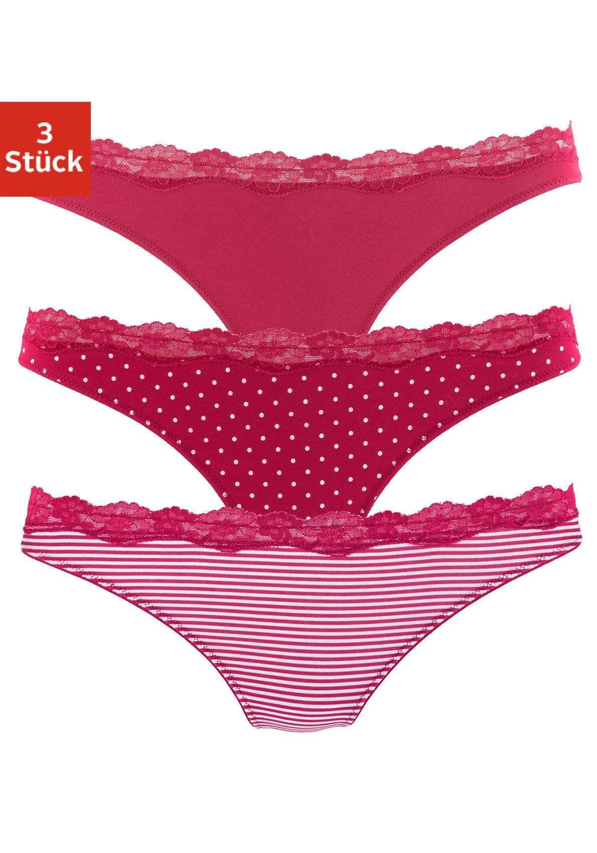 Lascana String van elastische katoen met delicate kant (3 stuks) dames strings maat 40/42 multicolor