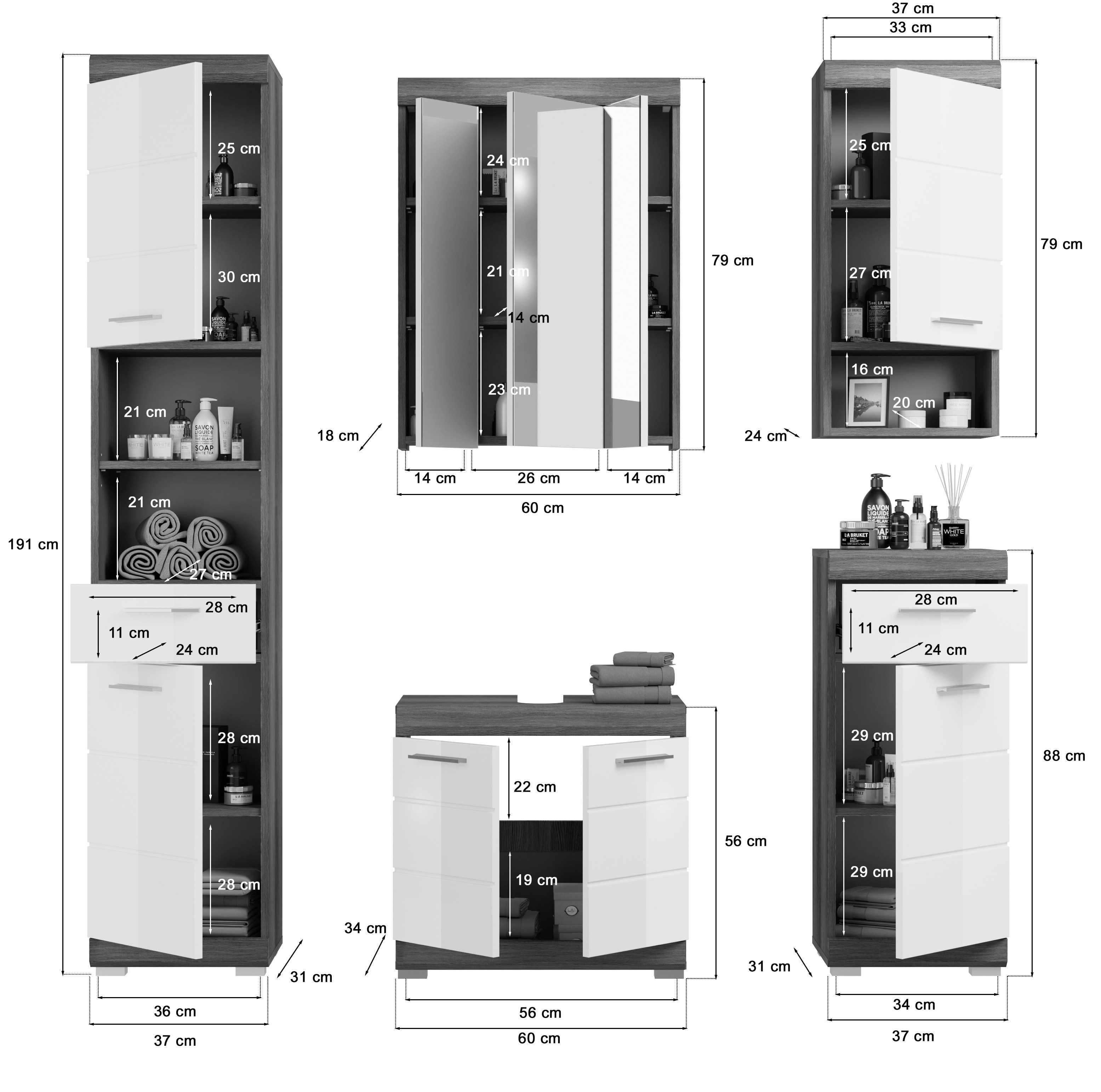 INOSIGN Badkamerserie Siena, 5-delig, bestaande uit: Hoge kast, WBU, spiegelkast, onderkast, hangkast (set, 5 stuks)