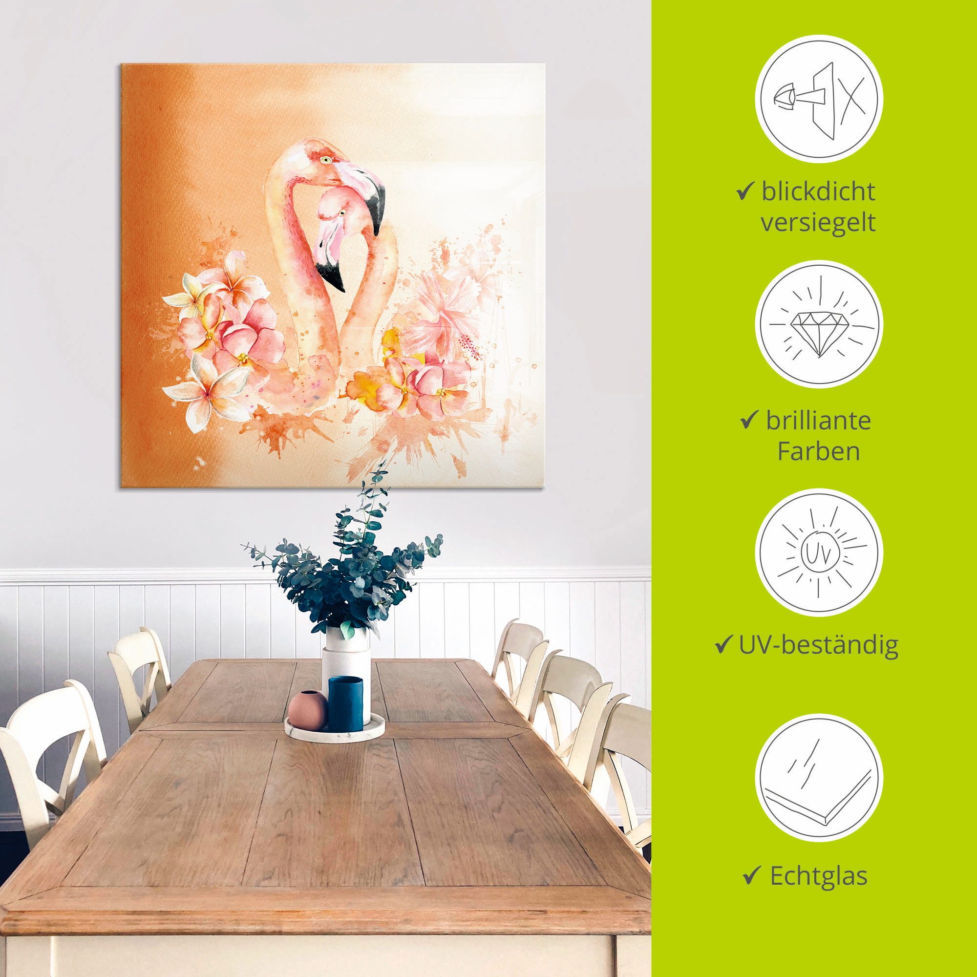 Artland Print op glas Oranje flamingo In Love- illustratie