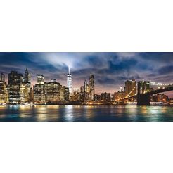places of style print op glas new york city - zonsopkomst boven manhattan-brooklyn bridge vs 125-50 cm blauw