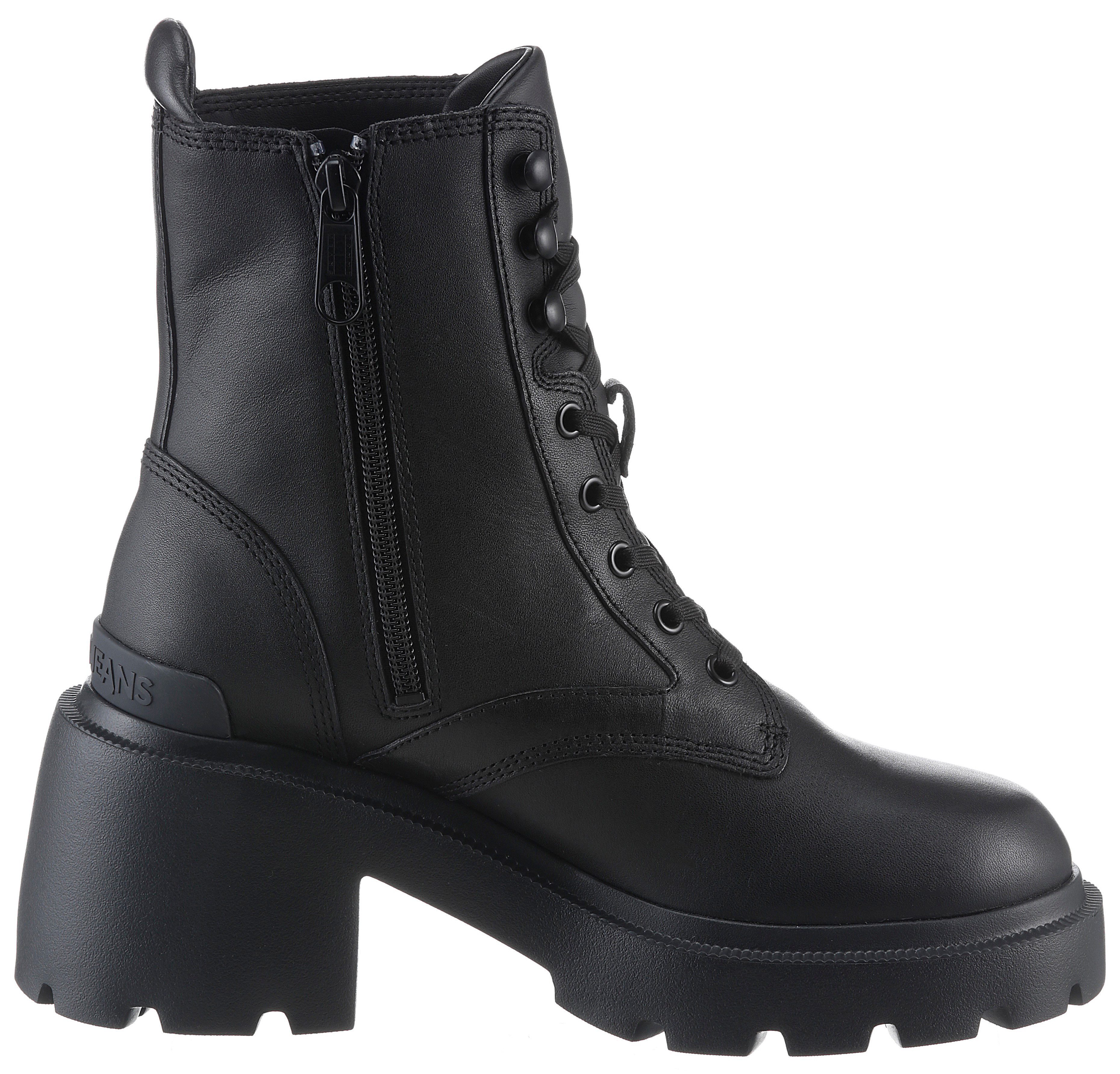 TOMMY JEANS Veterlaarsjes TJW MID HEEL BOOT LEATHER blokhak, plateau, veterschoenen, chunkyboots met label