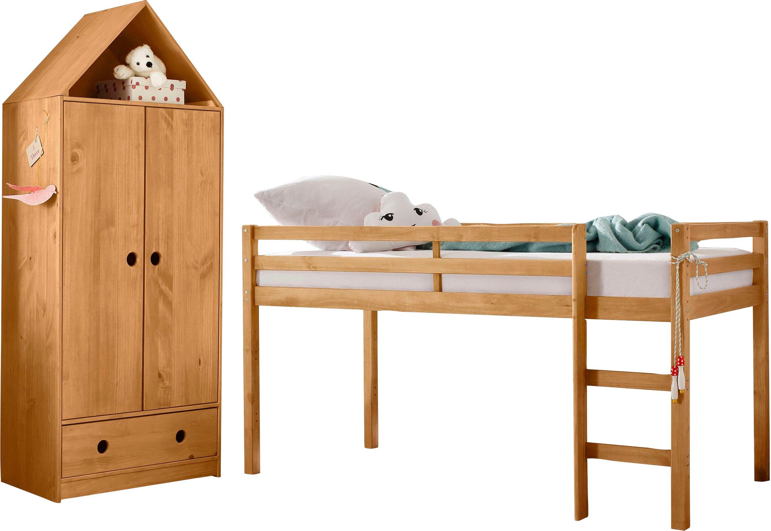 Lüttenhütt Tienerkamerset Alpi Hoogslaper en kledingkast in huiselijke stijl, perfect voor kleine kamers (voordeelset, 2-delig) complete kinderkamers
