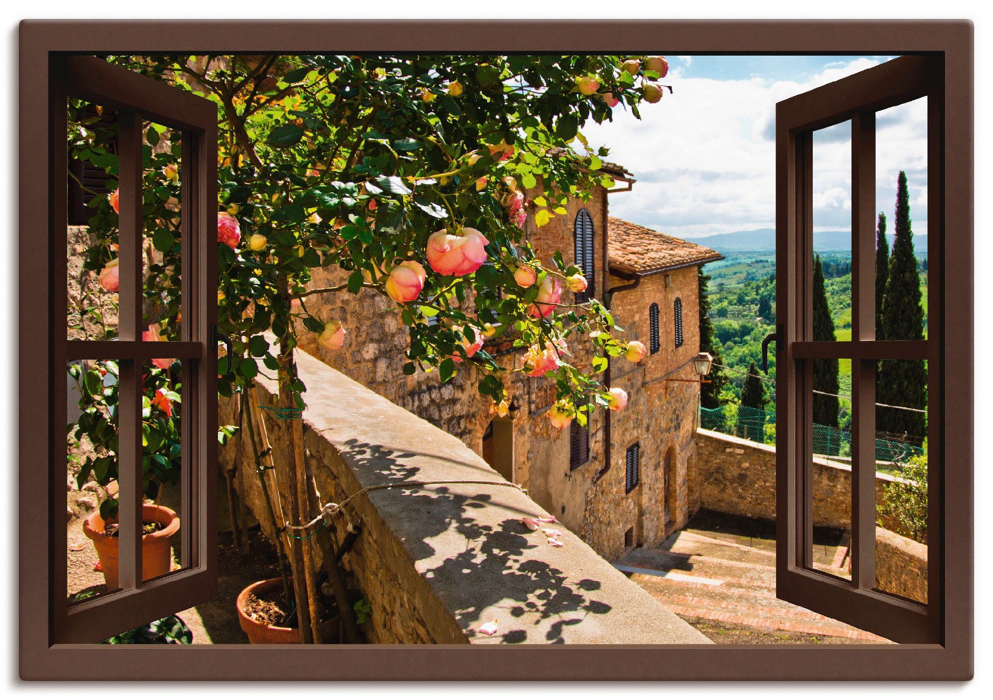Artland Artprint Blik uit het venster rozen op balkon Toscane als artprint van aluminium, artprint voor buiten, artprint op linnen, poster, muursticker