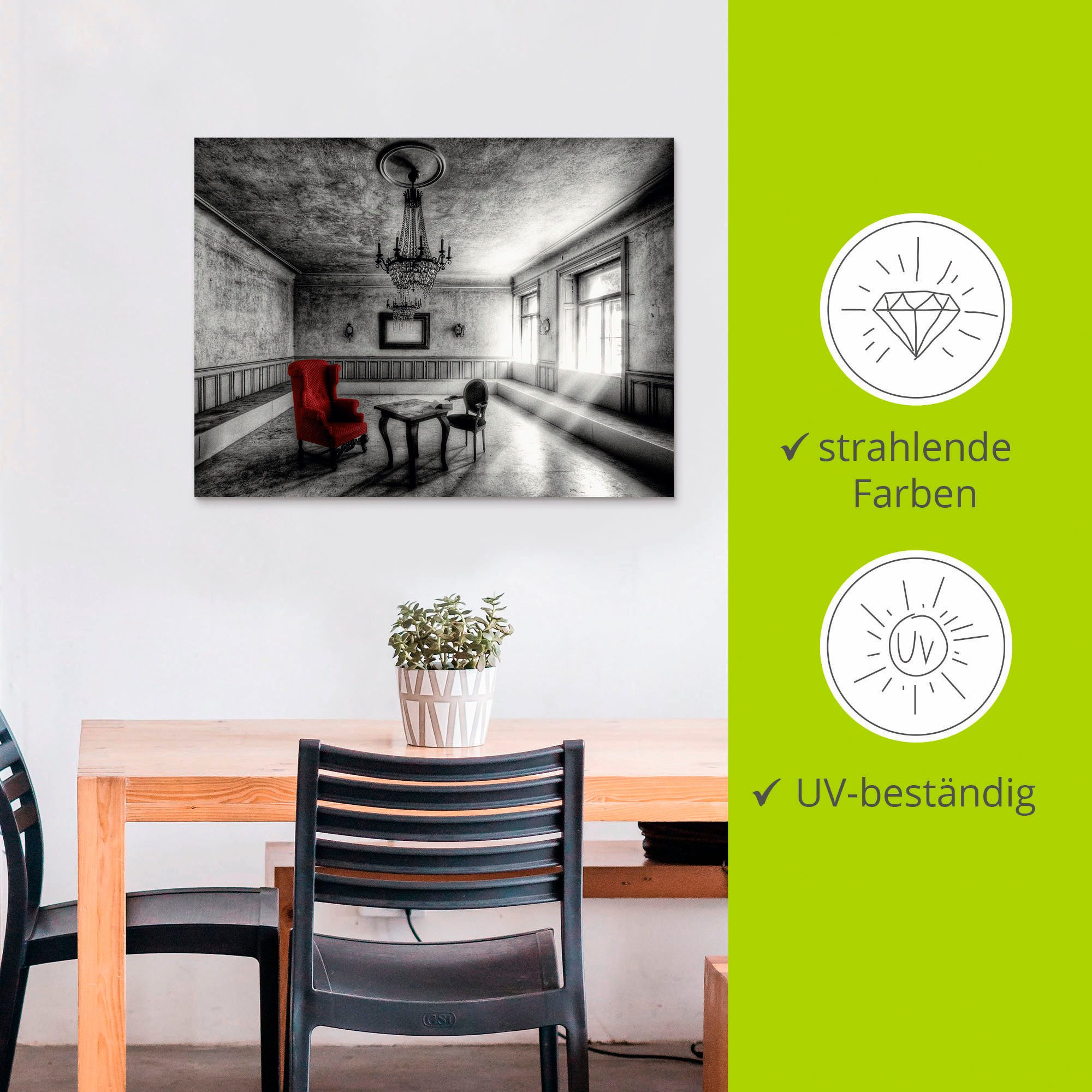 Artland Artprint Lost Place - rode fauteuil als artprint van aluminium, artprint voor buiten, artprint op linnen, poster, muursticker
