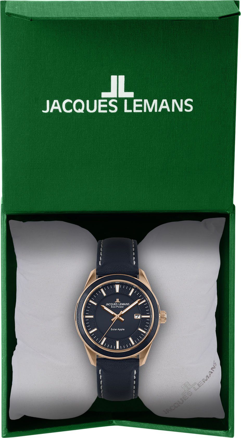 Jacques Lemans Solarhorloge Eco Power Solar Apple, 1-2116C Horloge, herenhorloge, datum, glow-in-the-dark wijzers, gehard Crystexglas