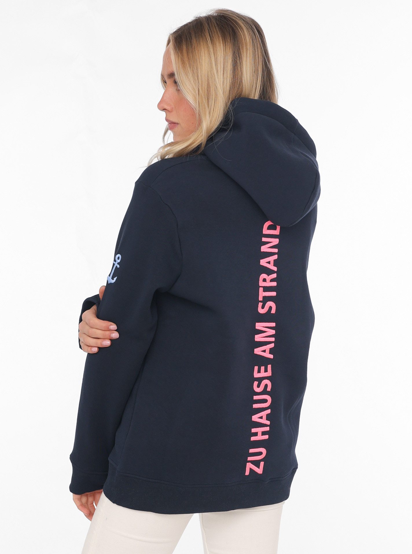 Zwillingsherz Sweatshirt met "küsten-glücks-momente"-borduursel en inscriptie op de rug