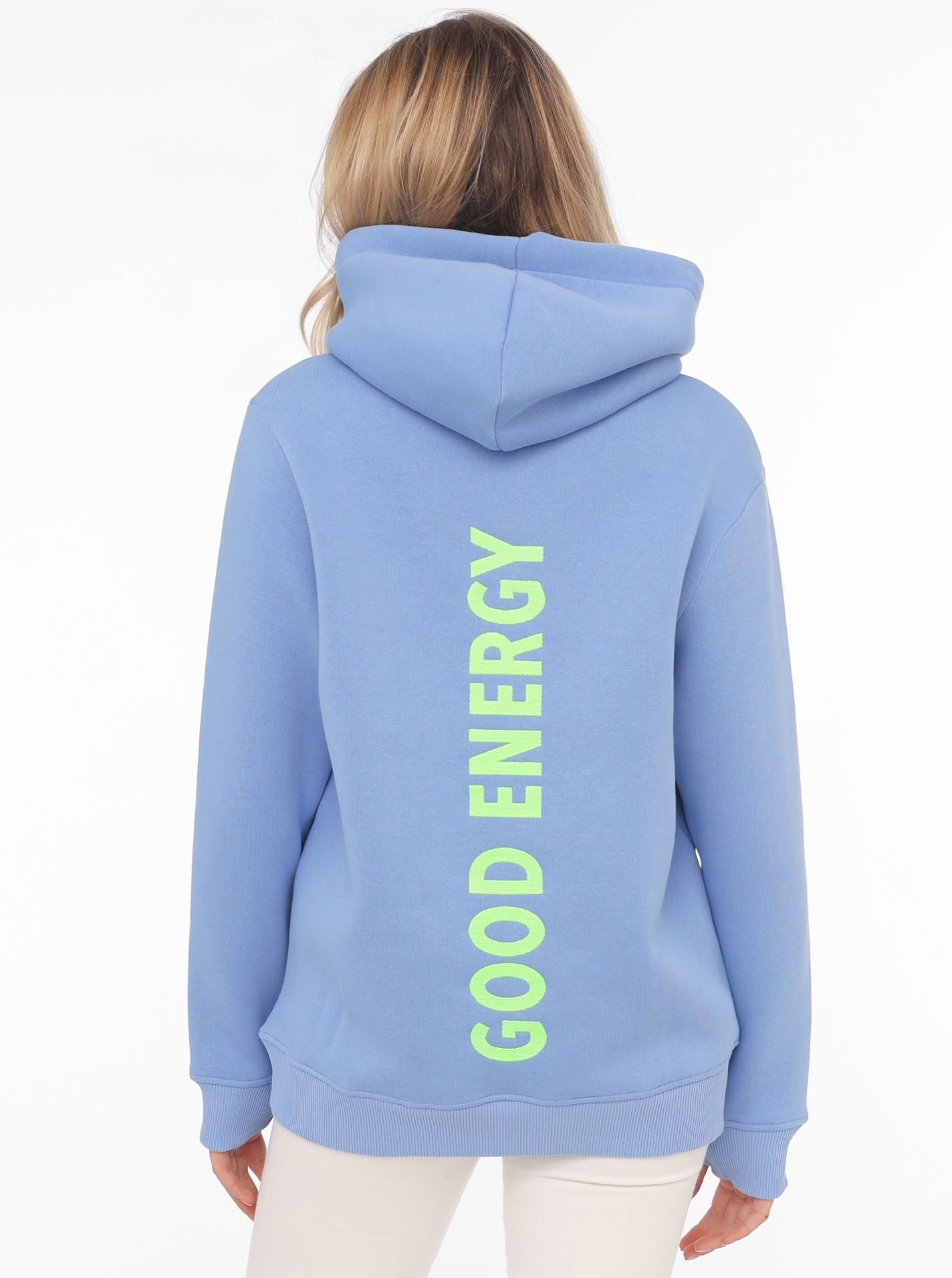 Zwillingsherz Sweatshirt met neonkleurig borduursel en inscriptie op de rug