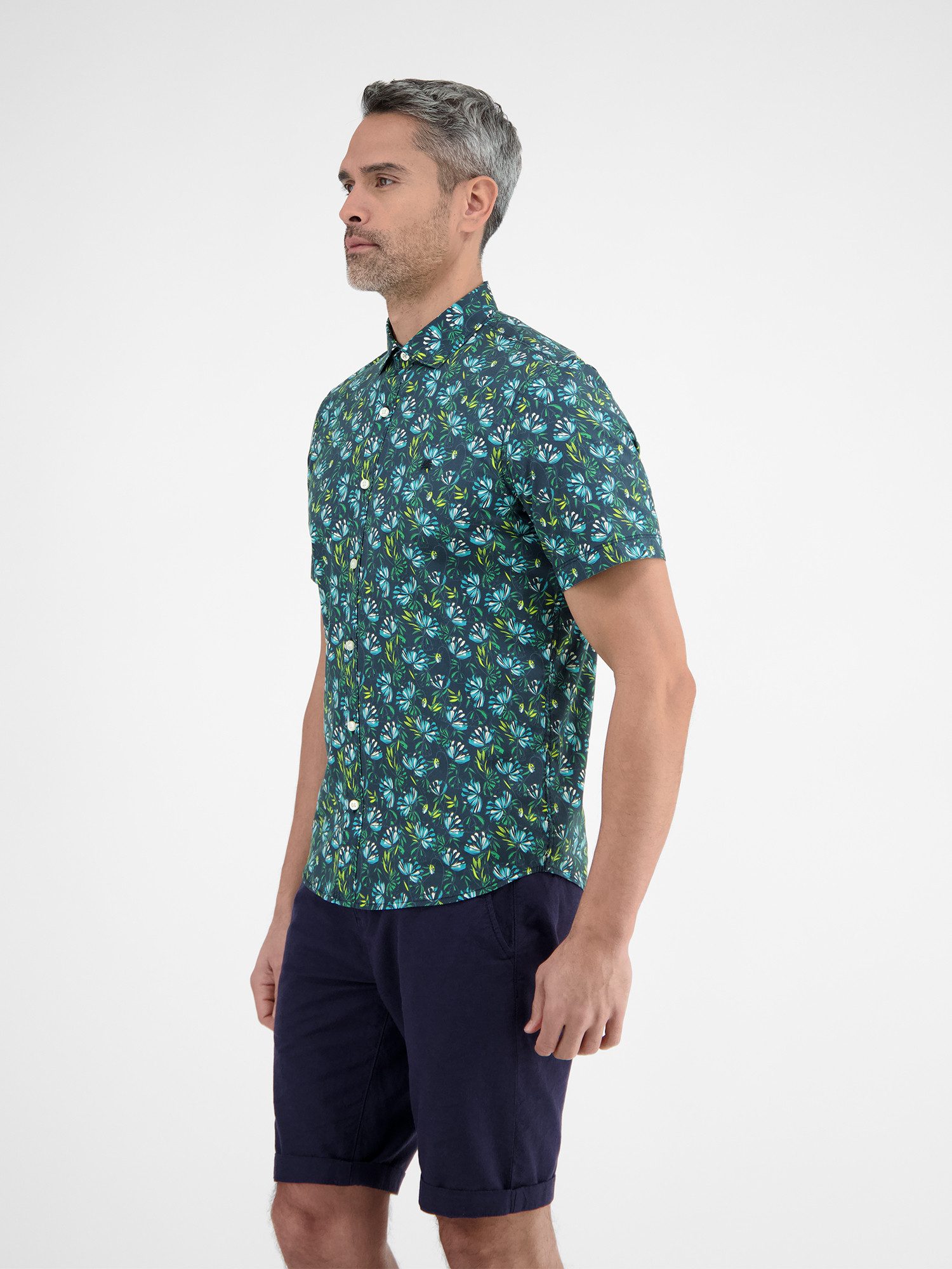 Lerros Overhemd met korte mouwen LERROS Heren poplin-stretch overhemd, bloemig gedessineerd