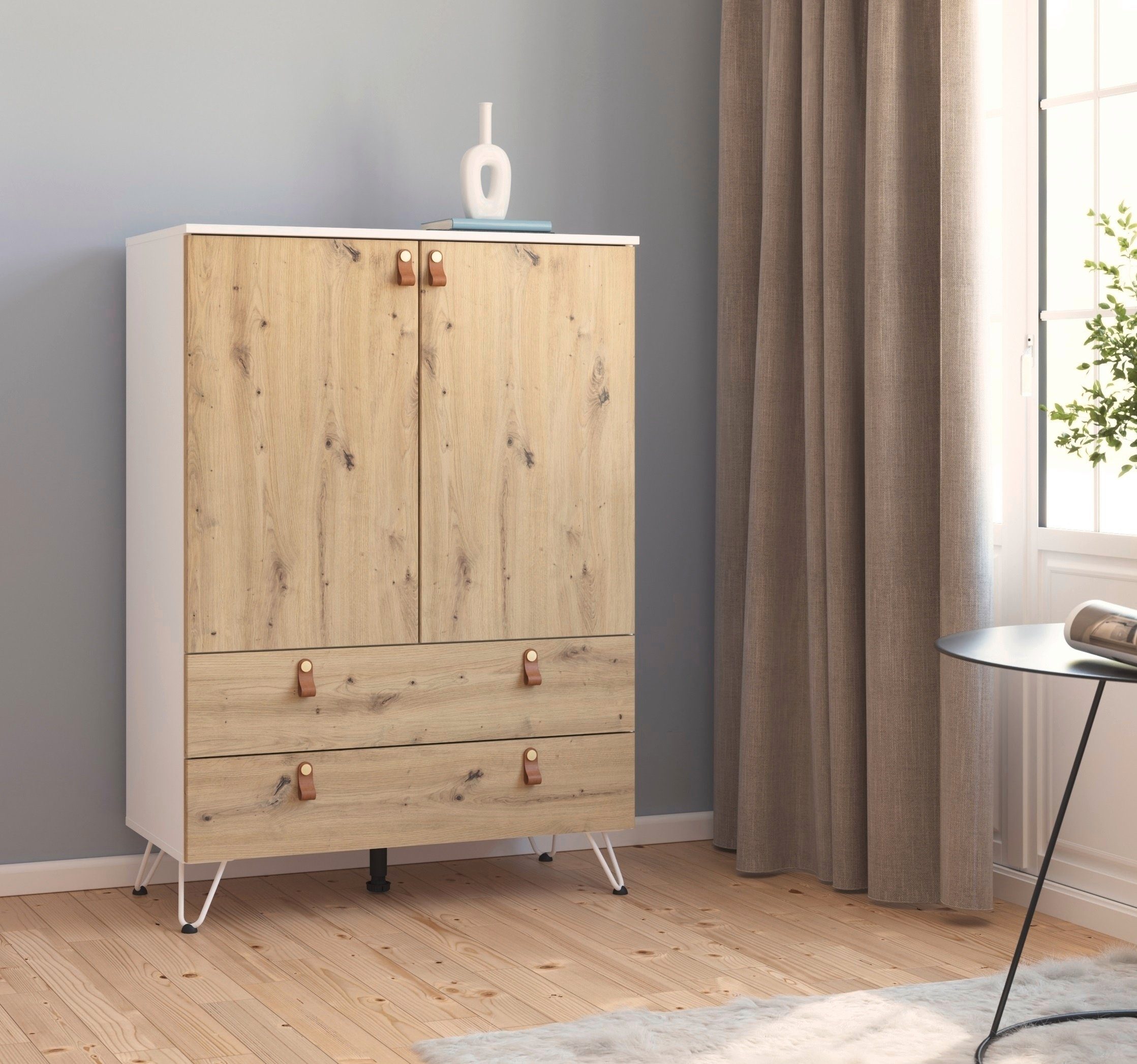 rauch Hoge kast Homey by Aditio met greeplussen van leer, 2 laden met soft-closefunctie