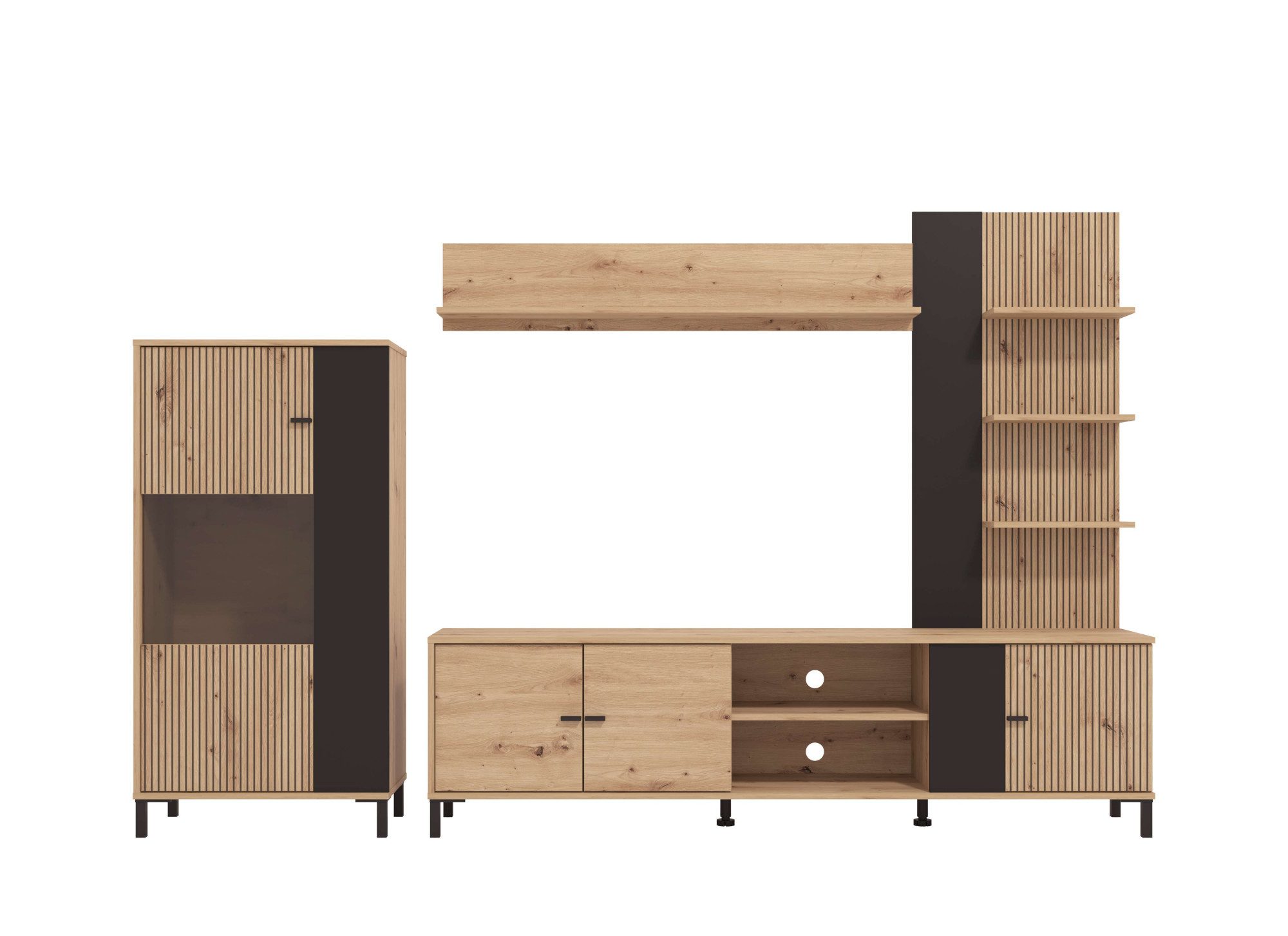 INOSIGN Wandmeubel Avignon, incl. Highboard, TV-meubel, Staande plank en Wandplank 263 cm, trendkleuren, met decoratieve zwarte strepen, tv tot 58' (complete set, 4-delig)