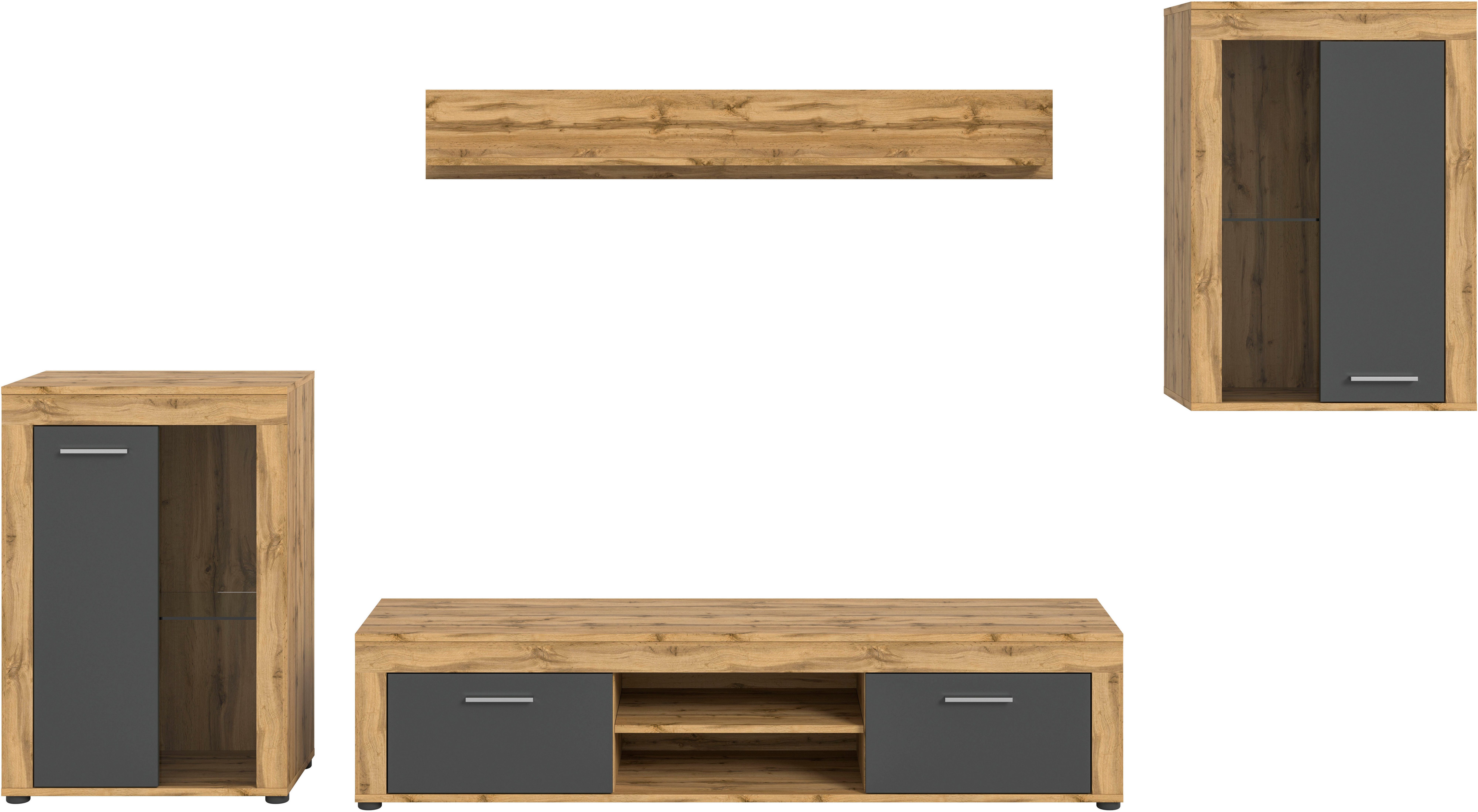 INOSIGN Wandmeubel Aosta, 4-delig, bestaande uit: 2x vitrinekast, lowboard & wandplank (4-delig)