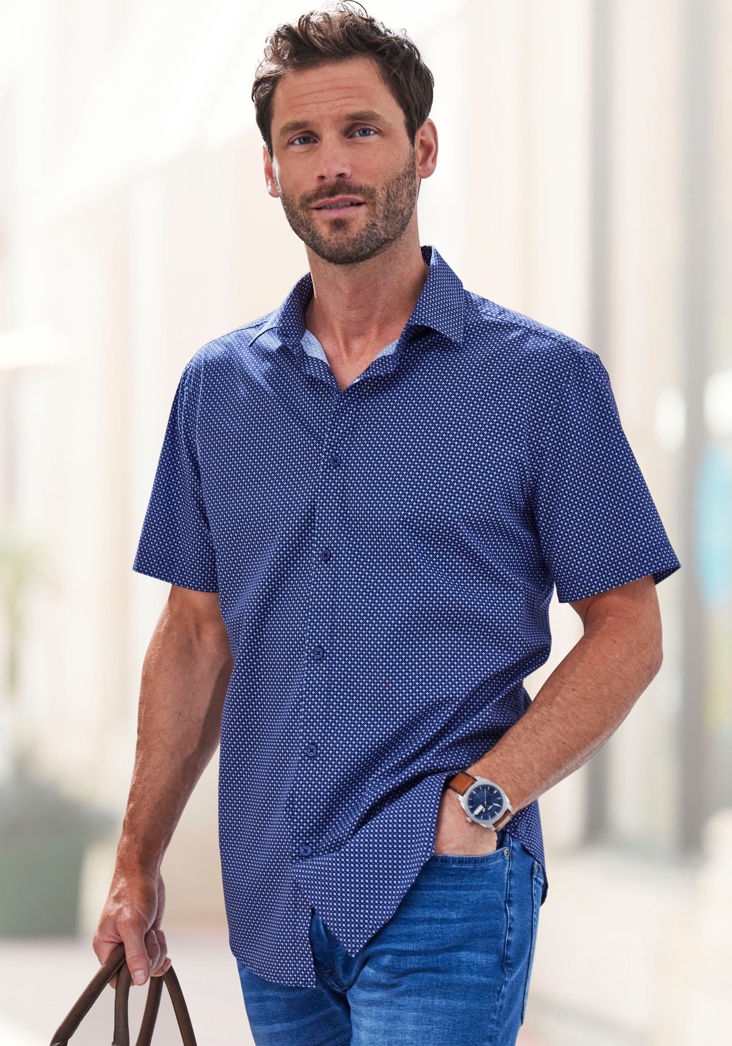 H.I.S Overhemd met korte mouwen Regular fit allover bedrukt van 100% katoen