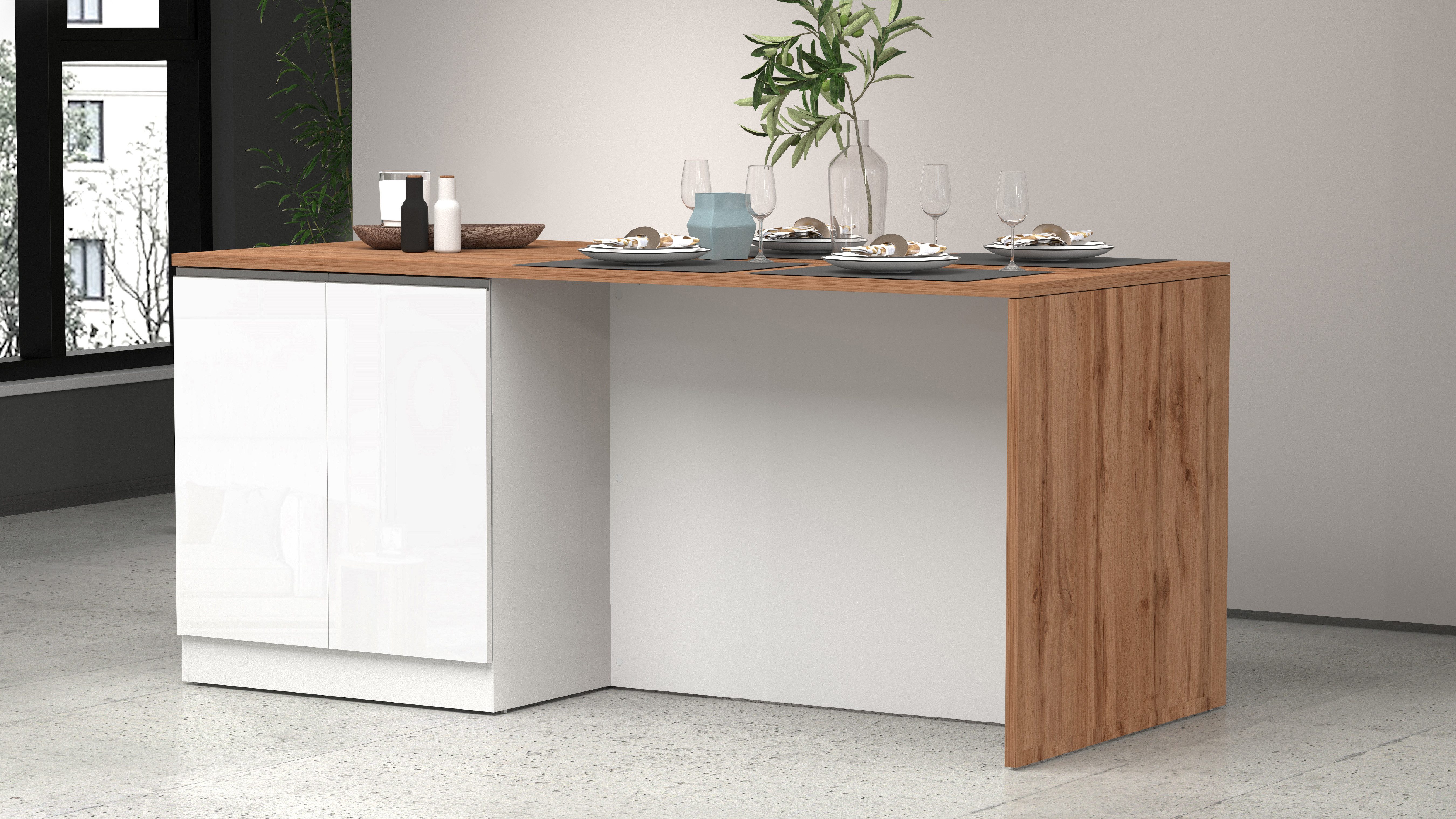 Kochstation Kookeiland Sole, kookeiland, keukenwerkblok, eilandkeuken, werk-eiland Breedte 200 cm met 4 deuren, 4 vakken, werkblad, aluminium handgreep