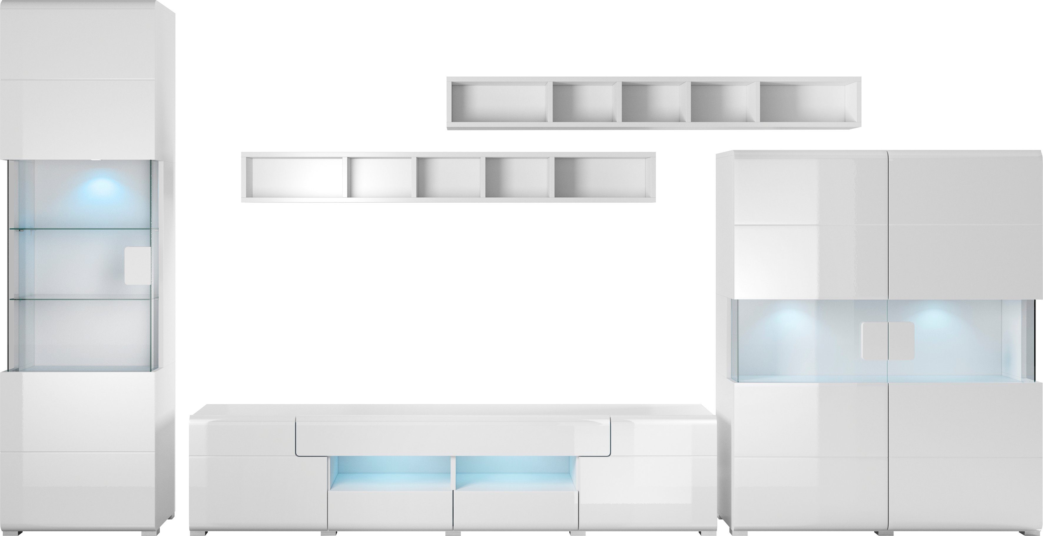 INOSIGN Wandmeubel Toledo, breedte 391cm stijlvolle mediawand zonder verlichting Opbouwwand (vitrine, lowboard, highboard, 2x hangplank) MDF hoogglans fronten (set, 5 stuks)