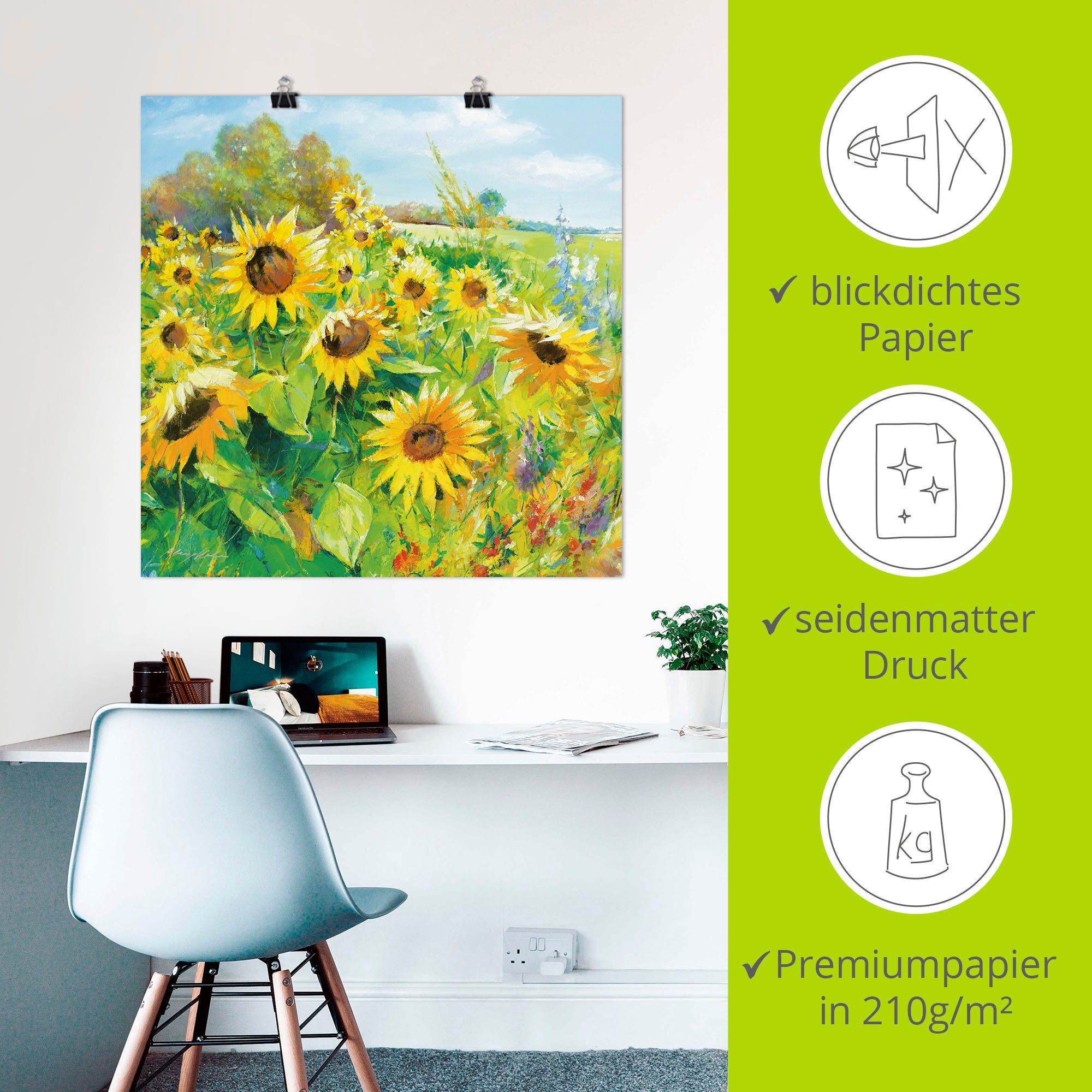 Artland Artprint Zomerweide met zonnebloemen als artprint van aluminium, artprint voor buiten, artprint op linnen, poster, muursticker