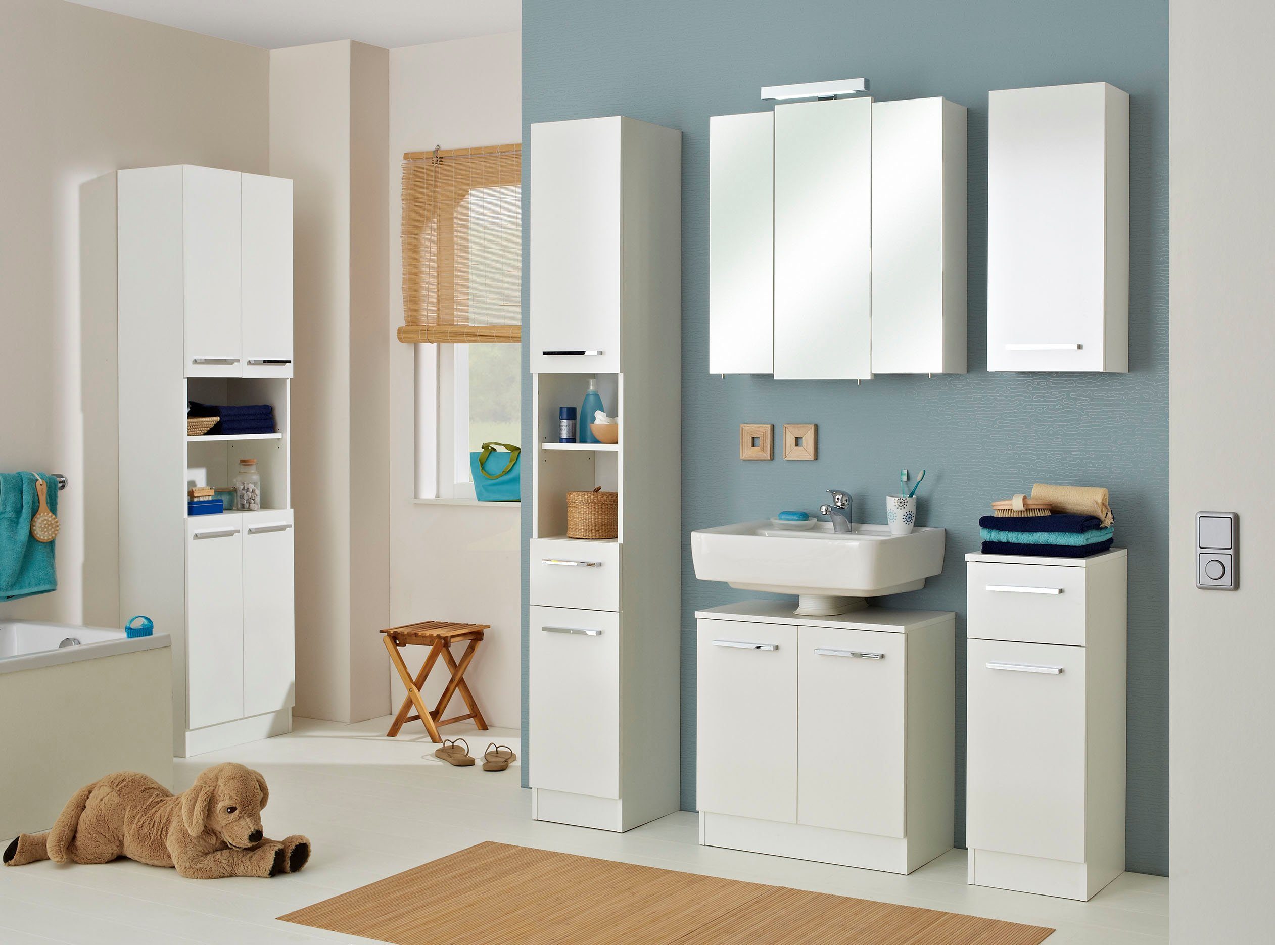 Saphir Onderkast Quickset 335 Badkamermeubel, 1 deur, 1 lade, 30 cm breed Badkamer-onderkast, glanzend wit, grepen in glanzend chroom
