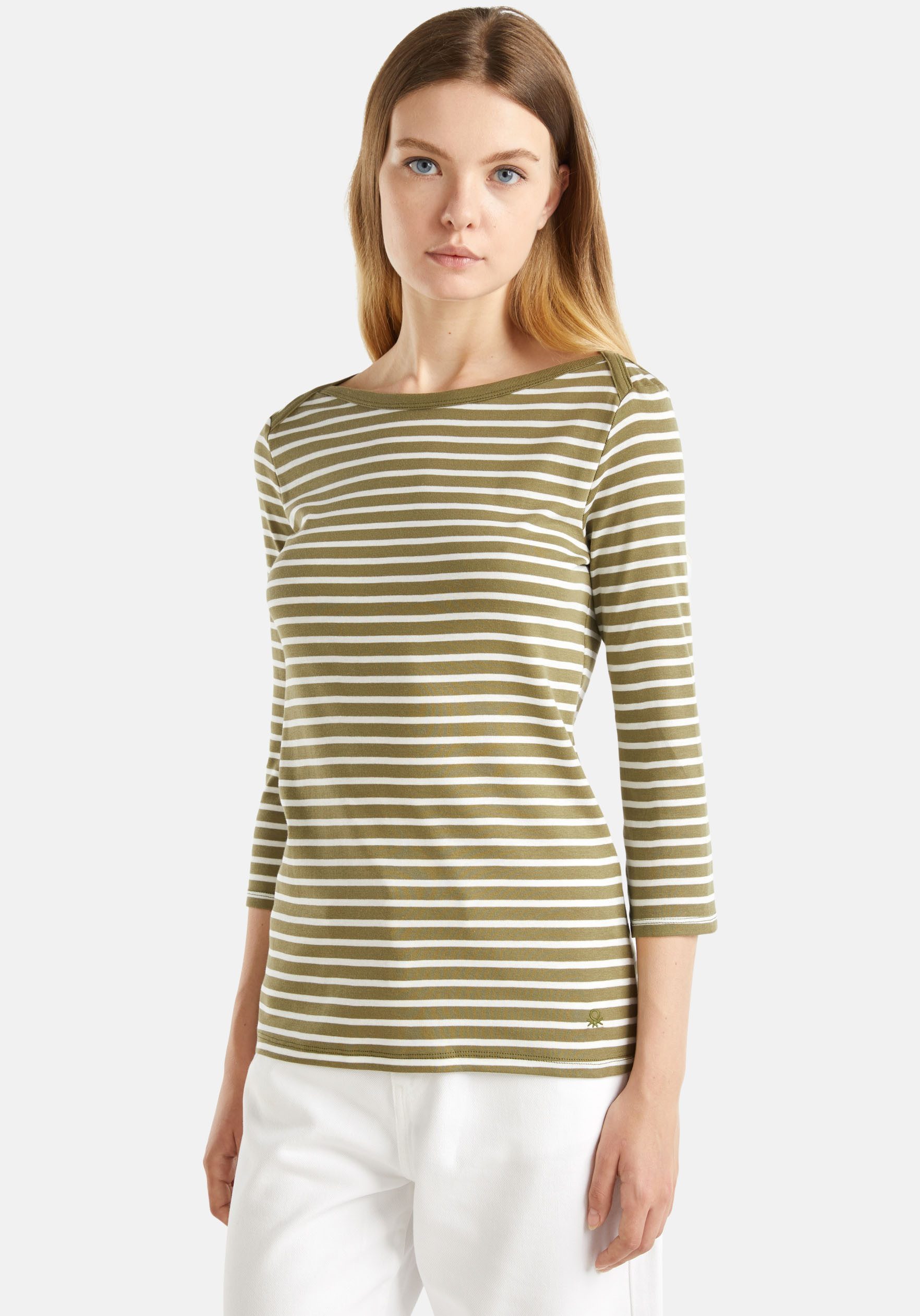 United Colors of Benetton T-shirt L/S met allover streepdessin, modieuze u-halslijn