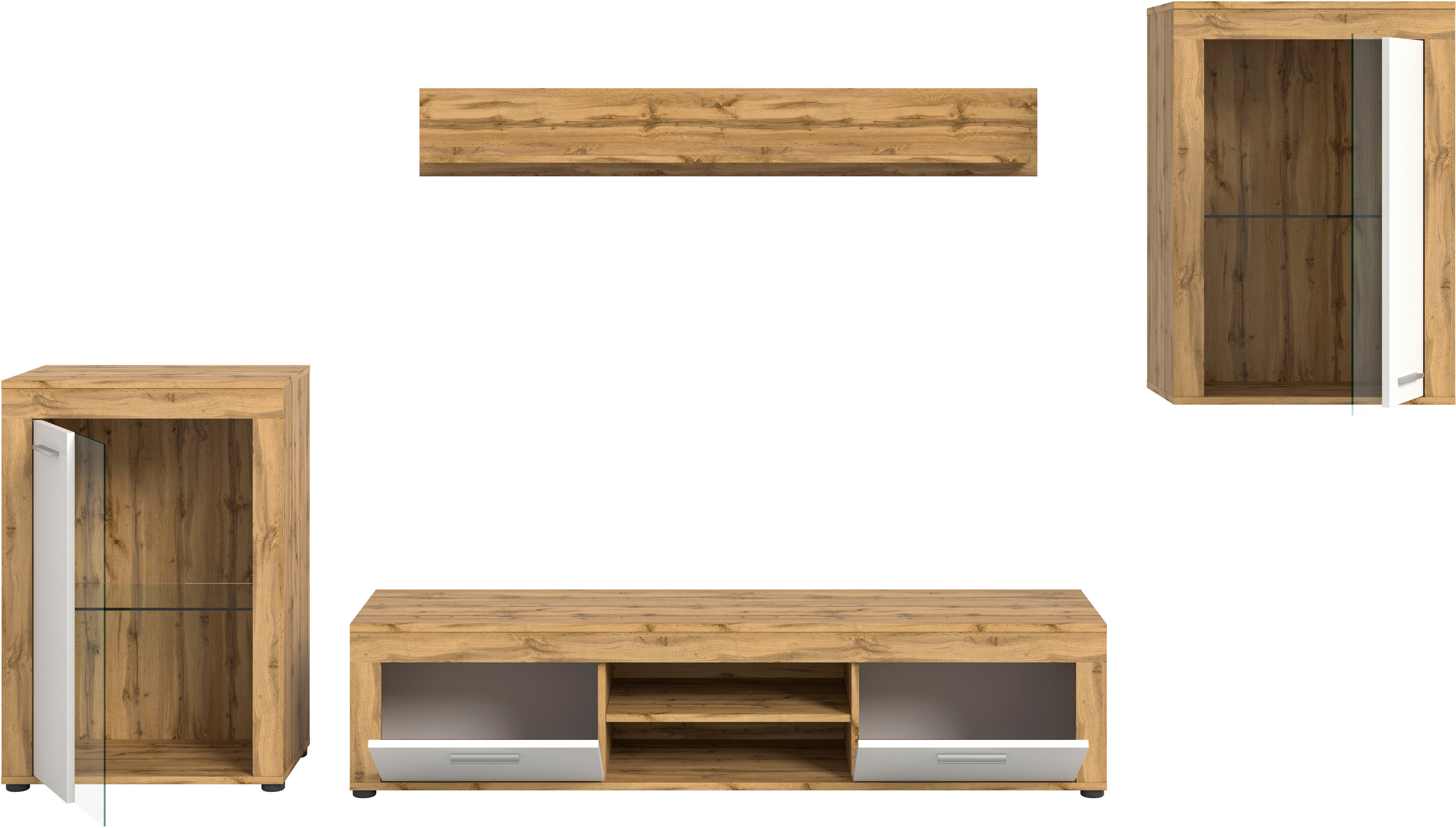 INOSIGN Wandmeubel Aosta, 4-delig, bestaande uit: 2x vitrinekast, lowboard & wandplank (4-delig)