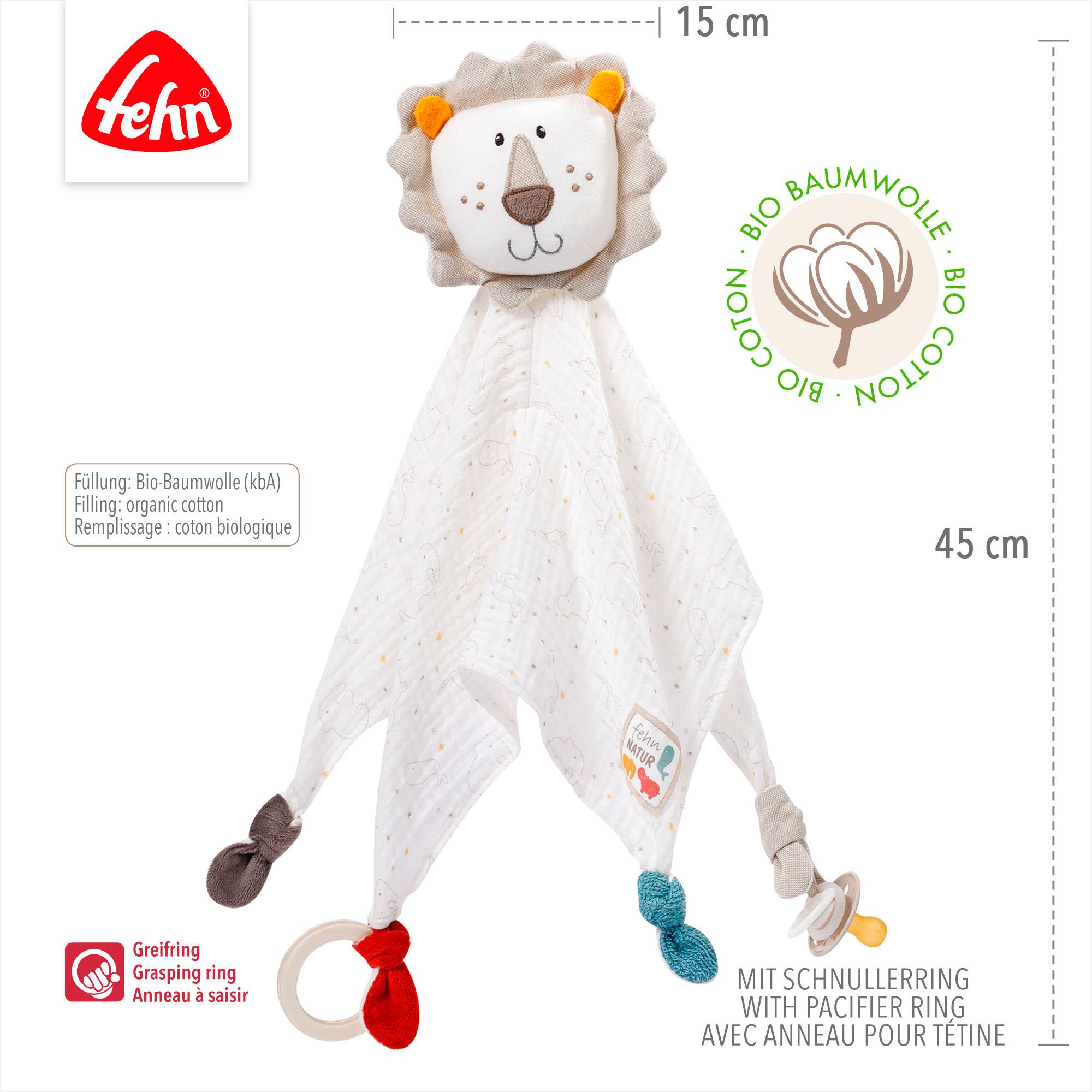 Fehn Knuffeldoek FehnNATUR, Leeuw Deluxe met bevestigingsring voor speen, bevat bio-katoen