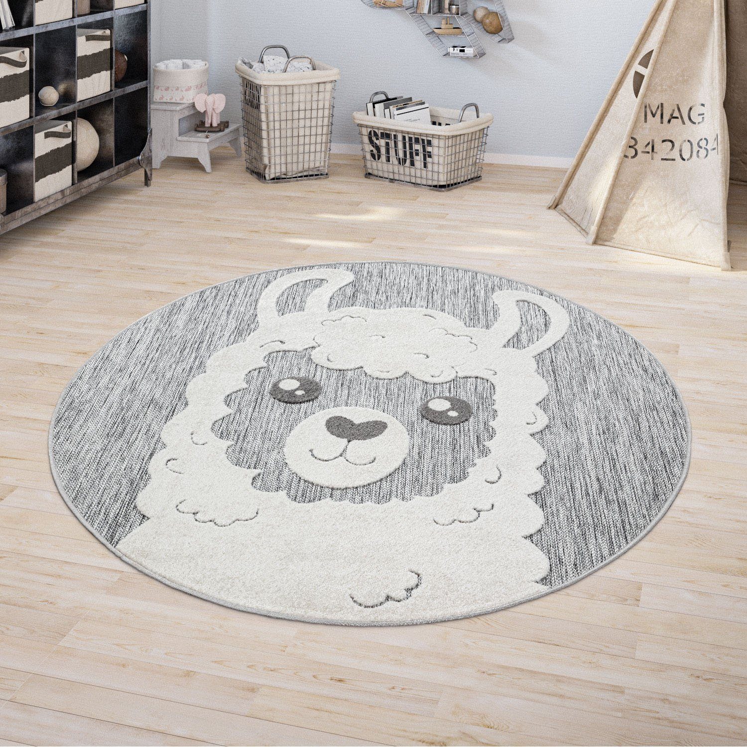 Paco Home Kindervloerkleed Tweet 468 Platweefsel, reliëfeffect, motief lama, geschikt voor binnen en buiten