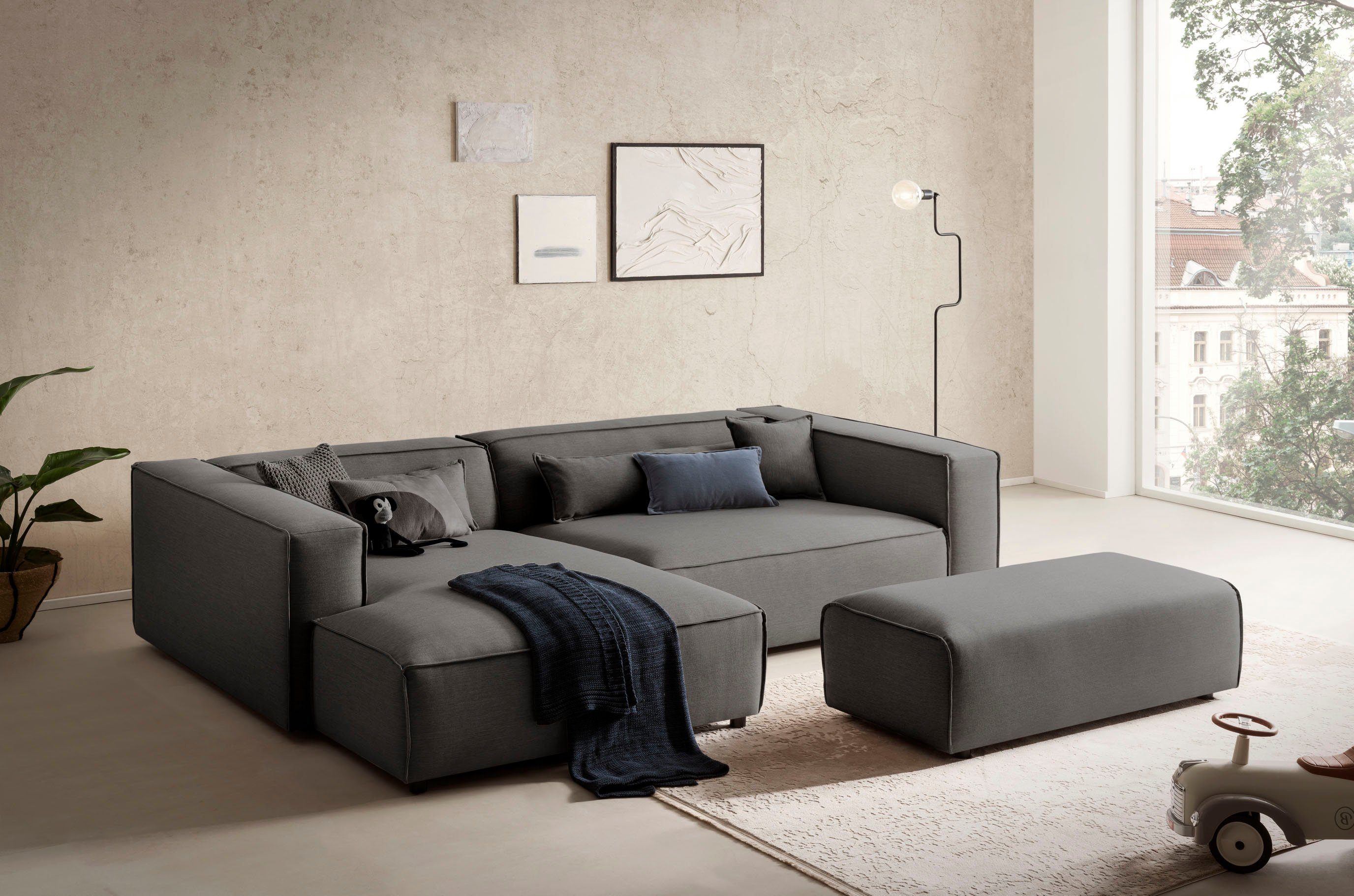 LeGer Home by Lena Gercke Hoekbank PIARA XXL, L-vorm met slaapfunctie, Big-sofa in cord of linnenlook Hocker verstelbaar tot slaapbank (krokodillenverbinder), diepe zitting