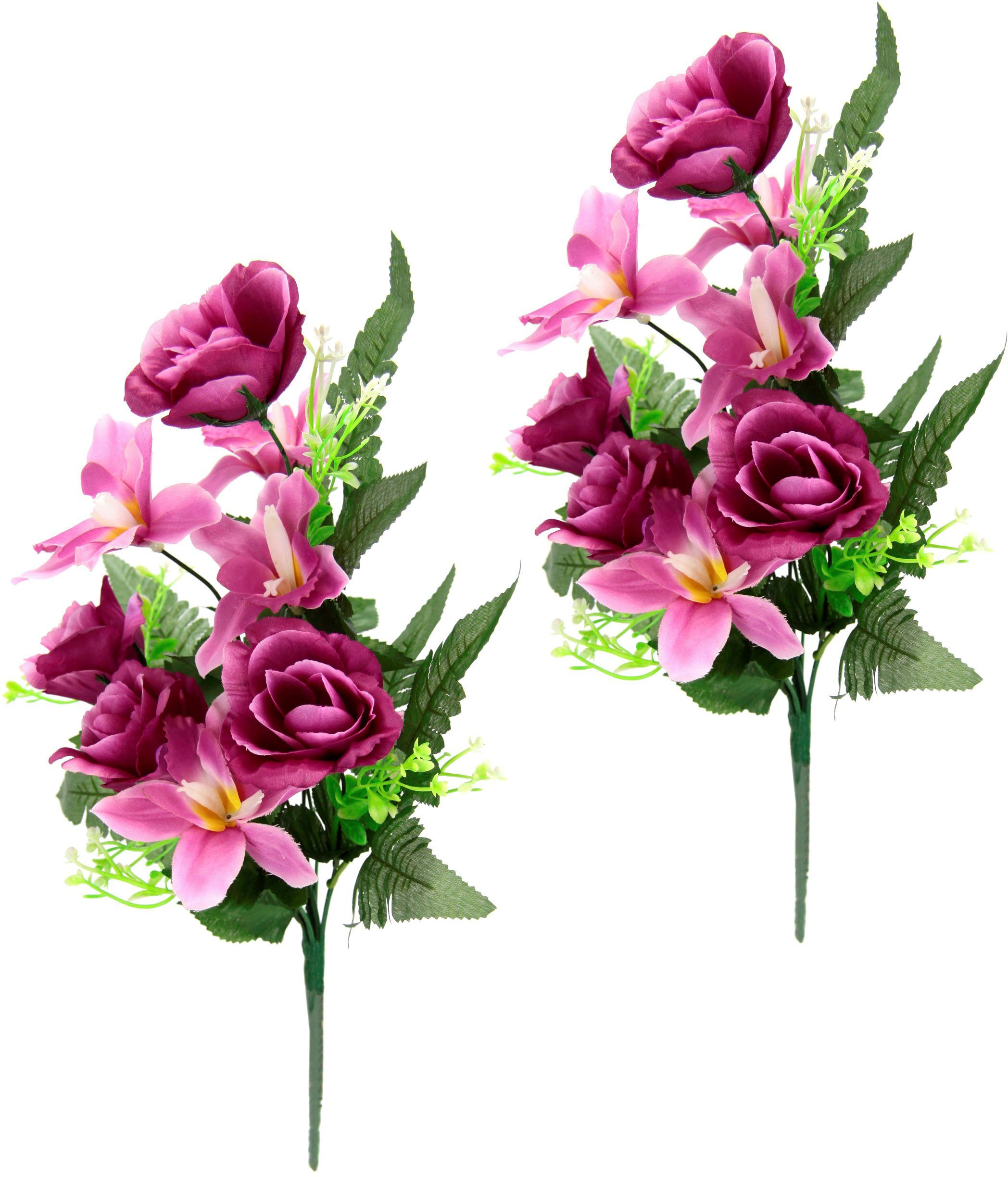 I.GE.A. Kunstbloem Boeket van orchideeën en rozen 2-delig set kunstbloemenboeket om neer te leggen of neer te zetten kunstbloemen (2 stuks)