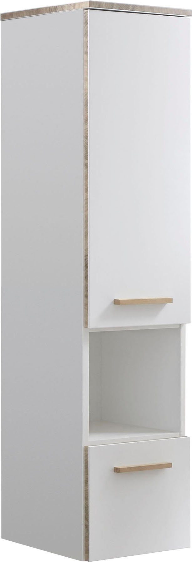 Saphir Halfhoge kast Quickset 931 Badkamermeubel in wit glans, 1 deur, 1 nis, 1 lade 2 glasplateaus, inclusief deurdemper, 30 cm breed, 123,2 cm hoog