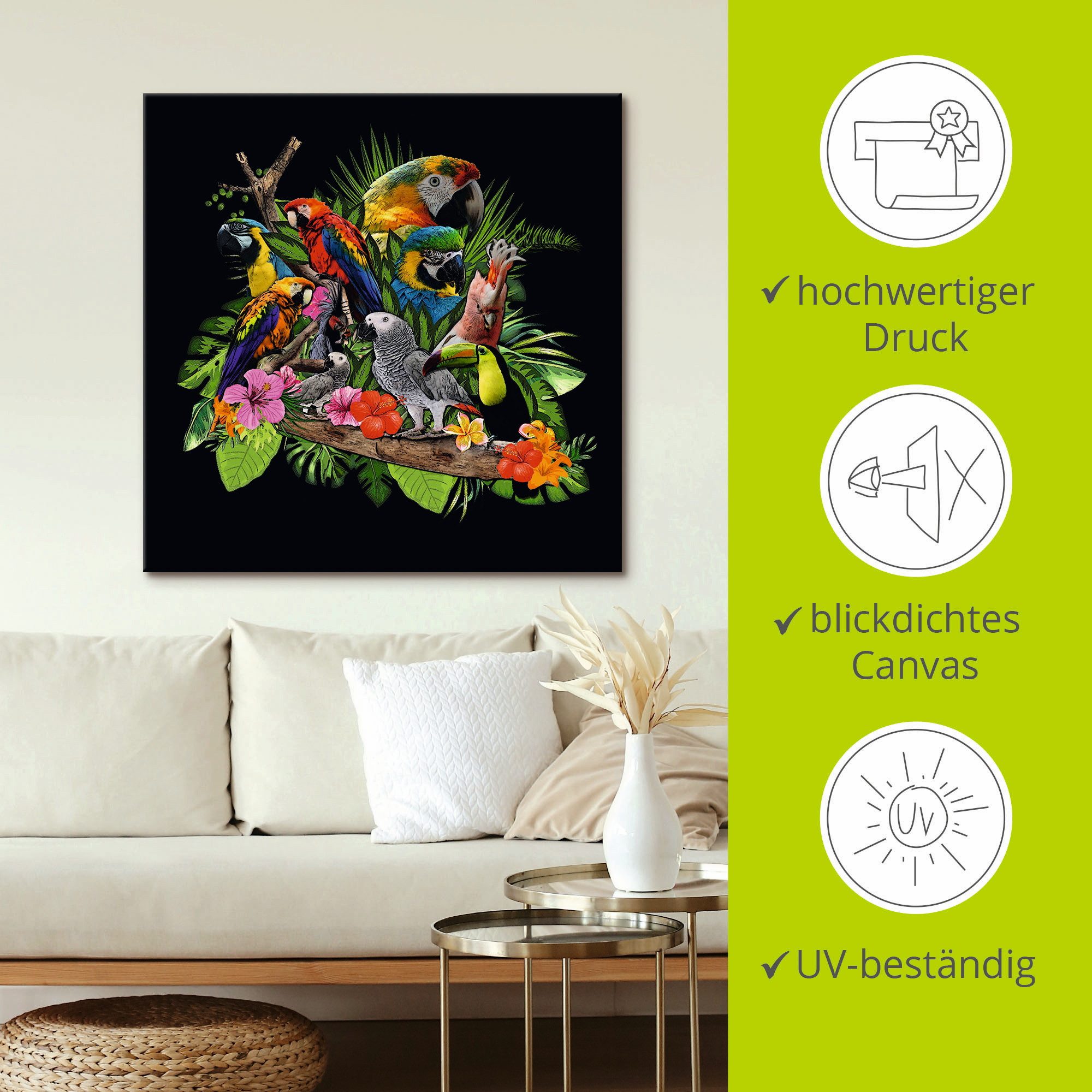 Artland Artprint Papegaaien Grijze Papegaai Kaketoe Jungle als artprint van aluminium, artprint voor buiten, artprint op linnen, poster, muursticker