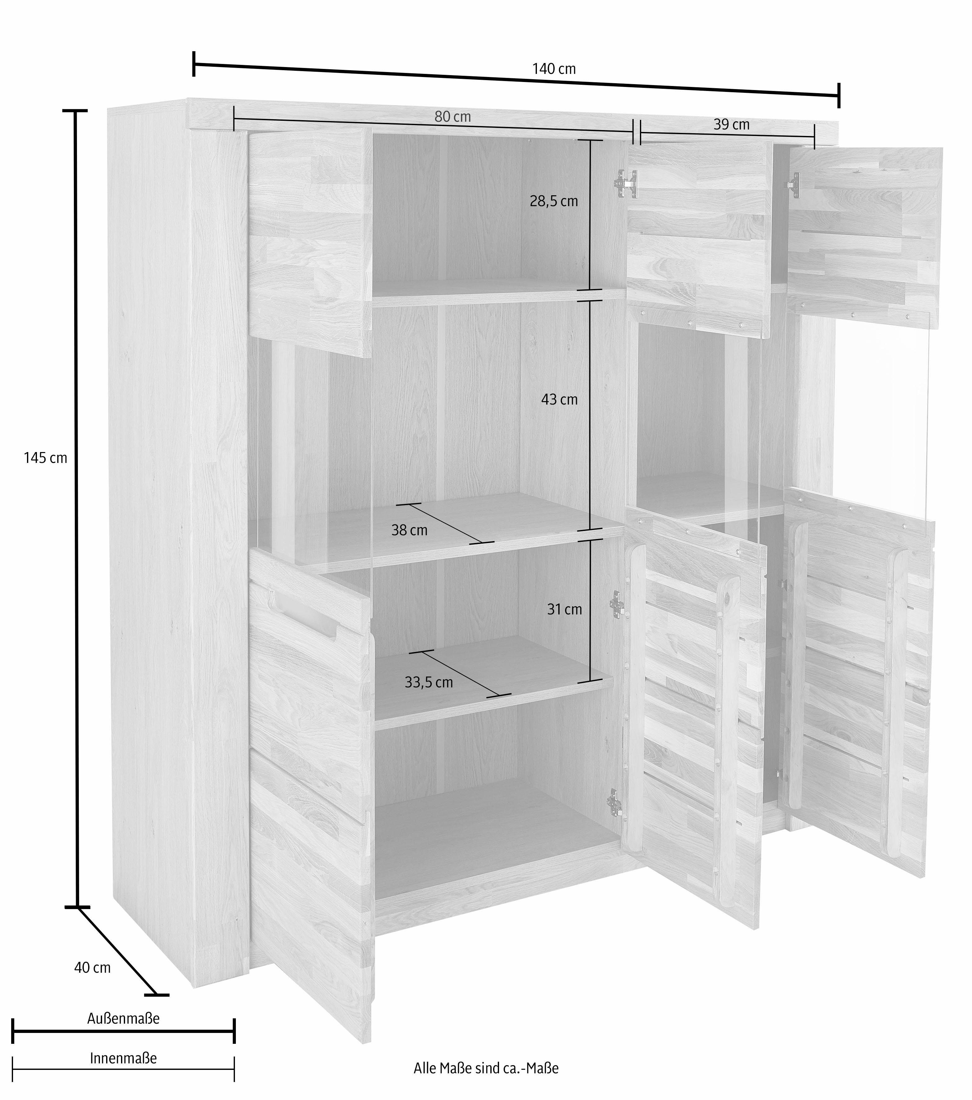 Home affaire Highboard Kolding Breedte 140 cm met 3 glasdeuren