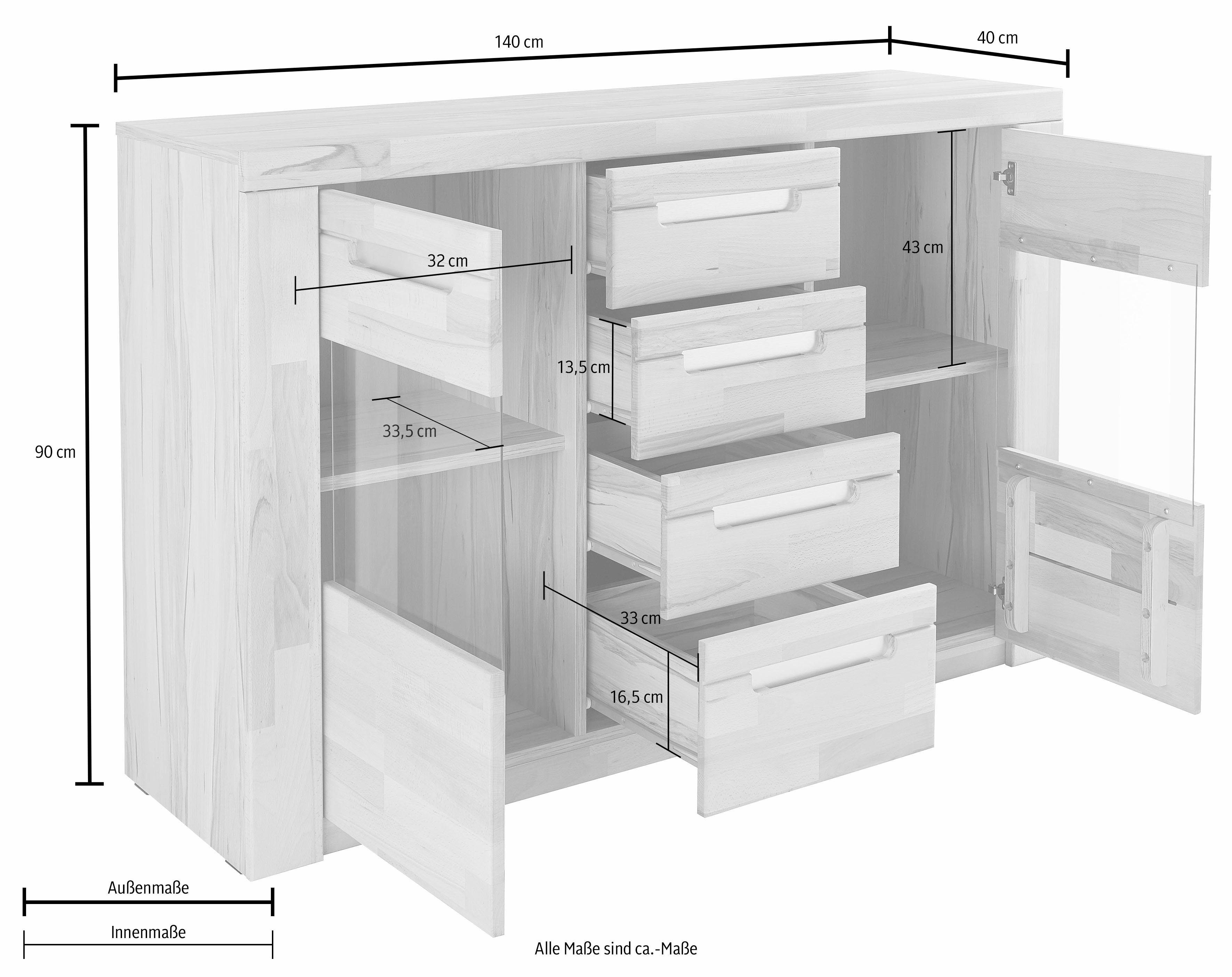Home affaire Dressoir Kolding Breedte 140 cm met 2 glasdeuren