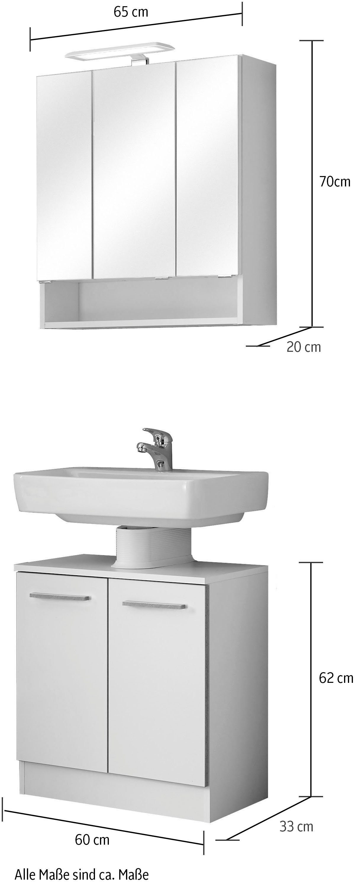 Saphir Badmeubelset Quickset 953 2-delig, wastafelonderkast en led-spiegelkast in glanzend wit, badkamermeubel inclusief deurdemper, zonder wasbak, 5 deuren (set)
